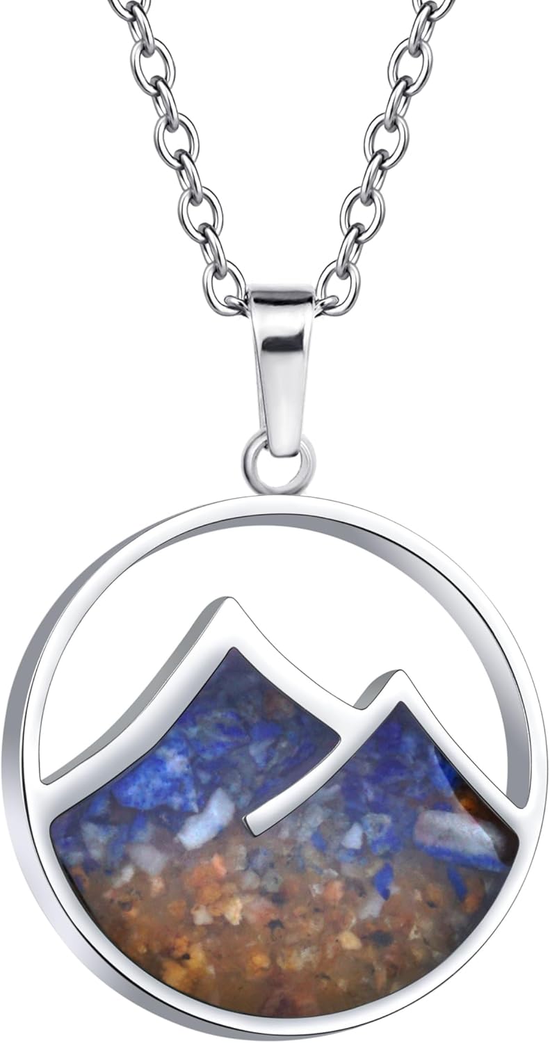 Lauren-Spencer Mountain Necklace for Women, Stainless Steel Pendant Necklace in Turquoise Sodalite Stone Chips, Dainty Nature Necklaces Jewelry Gifts for Skiers, Hikers, Campers, Climbers and Nature Lovers