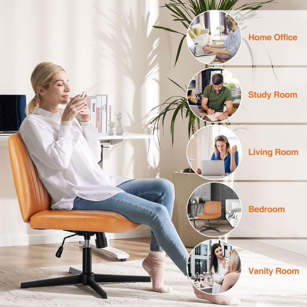 Criss Cross Chair, Armless Desk Chair Wide Seat for Home Office Vanity, No Wheels, Height Adjustable, 360° Swivel, Brown