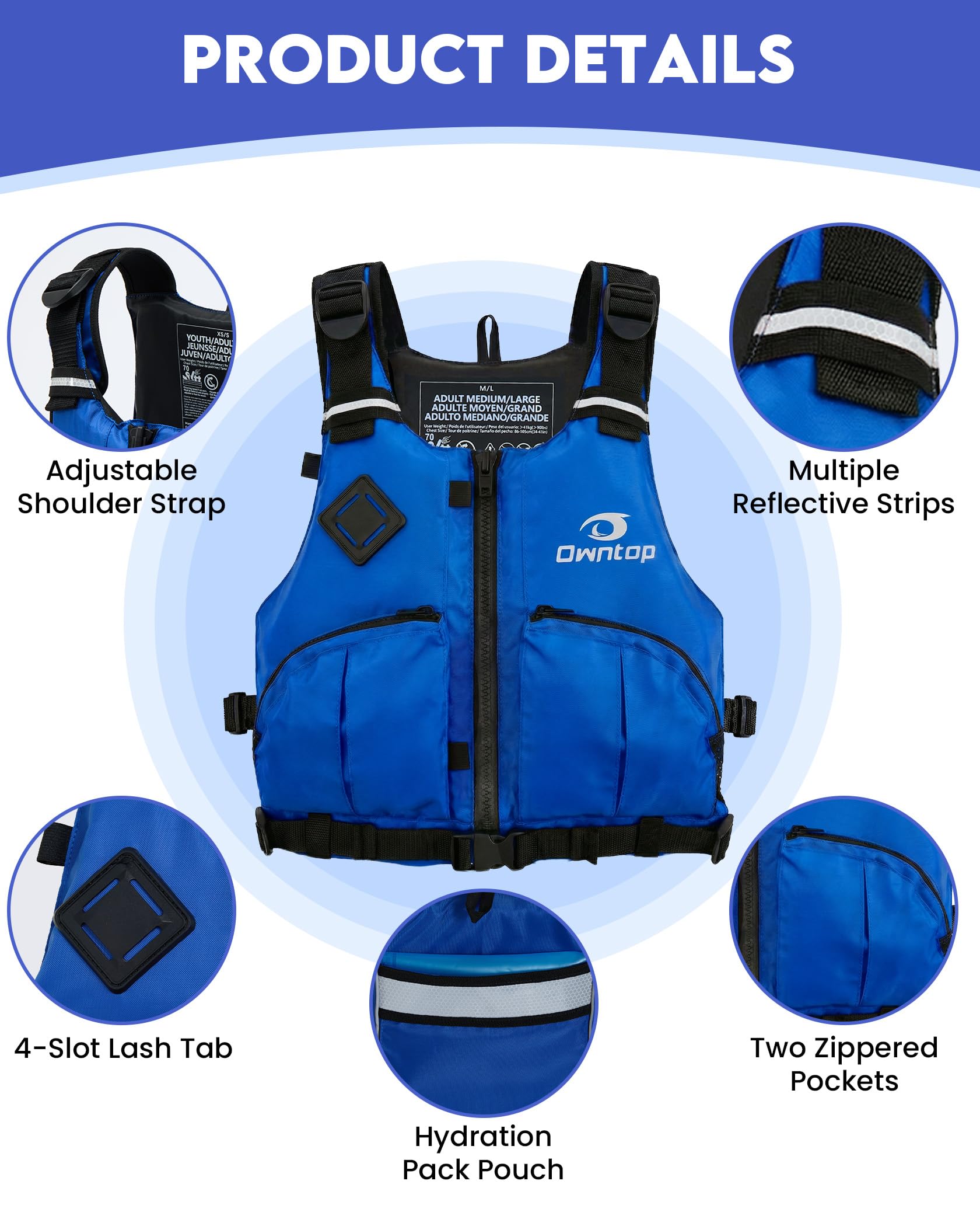 Owntop Schwimmweste Erwachsene mit Trinkrucksack, Zwei Reißverschlusstaschen| Verstellbare Auftriebsweste| Leichte Schwimmjacke Unisex für SUP, Kajakfahren, Angeln Alle Wassersportarten
