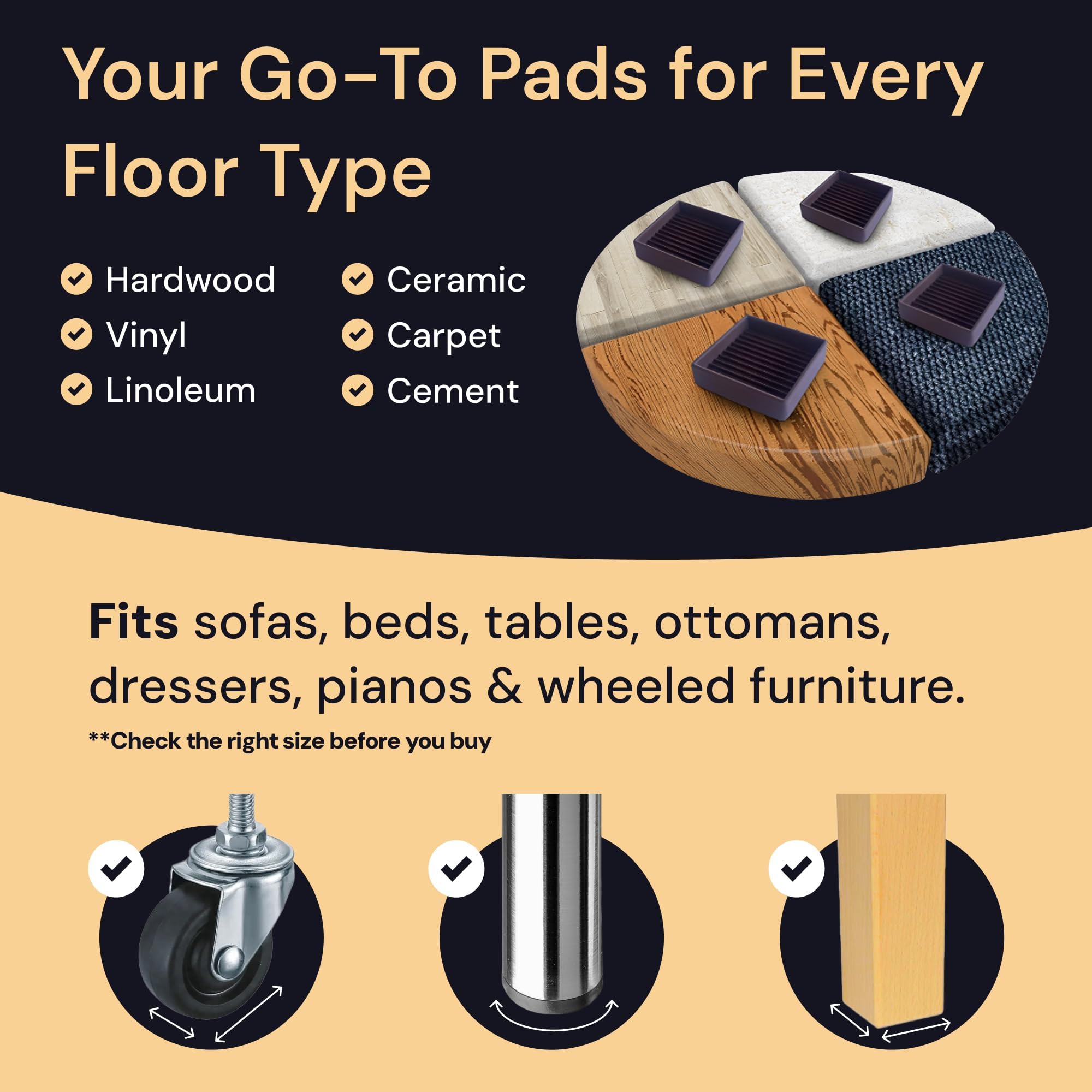CasterMaster Antiskid Furniture Pads Rectangular, Non-Slip Rubber Caster Cups, Anti-Sliding Floor Protectors for Furniture - Black, 2'' x 4'' (Pack of 4) - Floor Protectors for Chairs