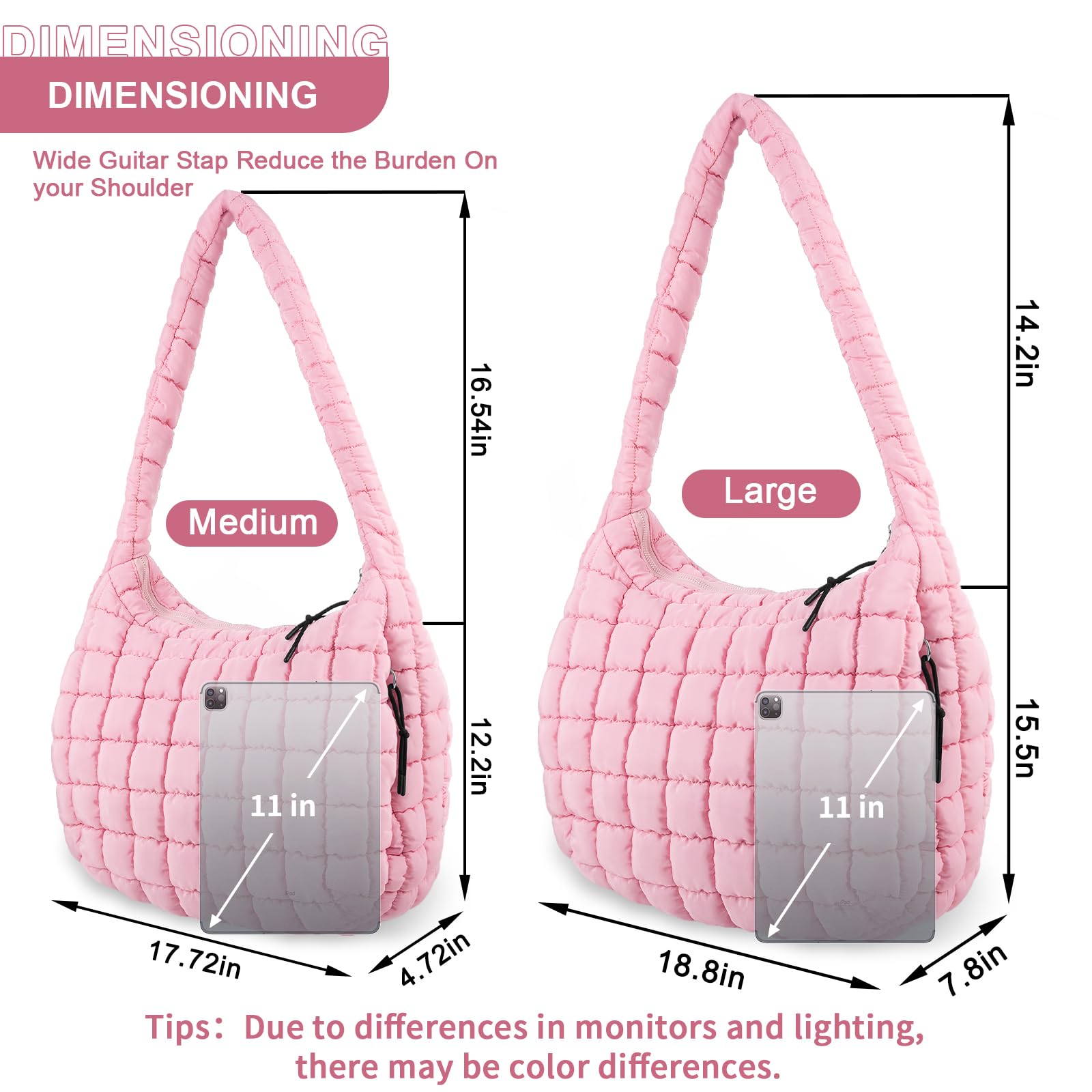 Bolso de mano acolchado tipo hobo de nailon ligero para mujeres y niñas