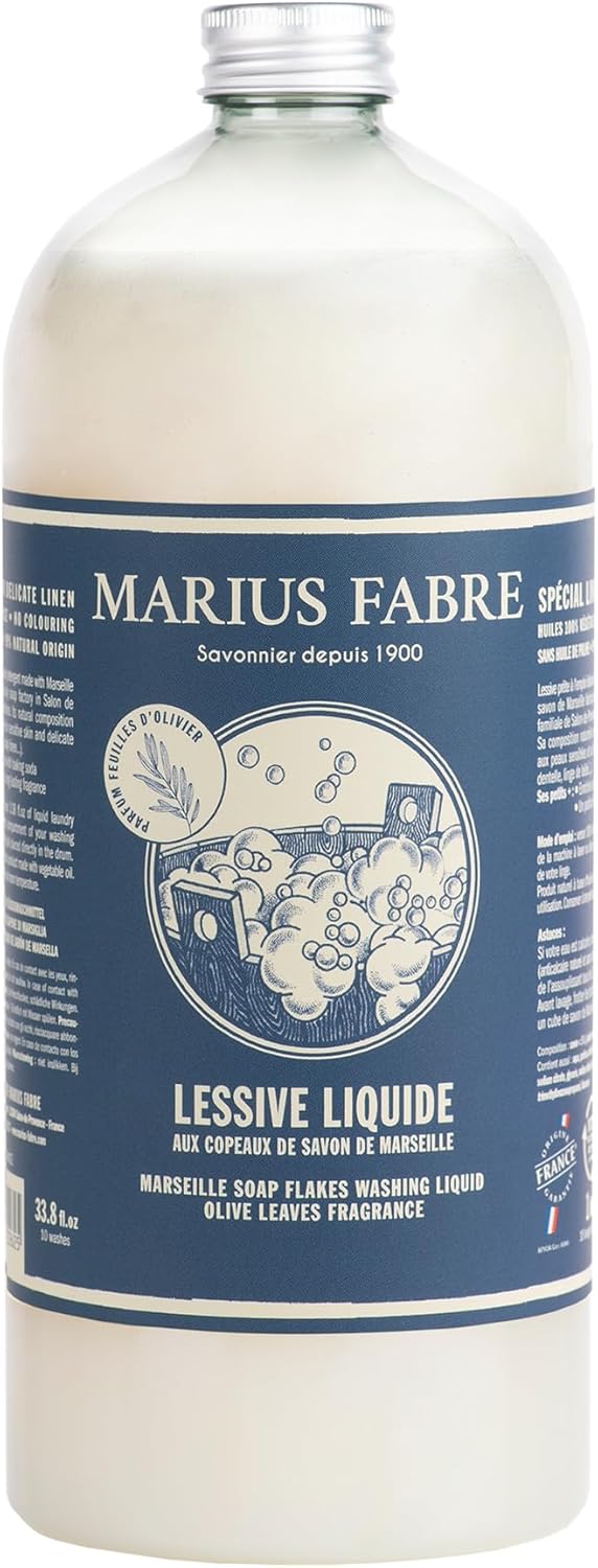 Marius Fabre 100% Marseille Soap Flakes Liquid Detergent with Olive Leaves Fragrance – 1L (33.8 fl oz) – Hypoallergenic
