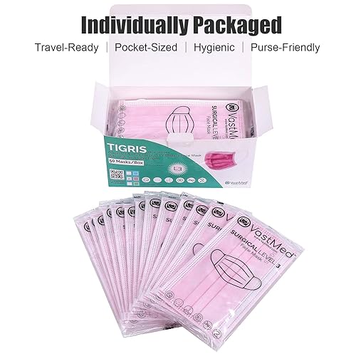 Miniatura 6 de 50 mascarillas desechables de nivel 3 con cinta elástica para las orejas, 0.14 onzas, 3 capas, desechables, individuales, no tejidas, transpirables,