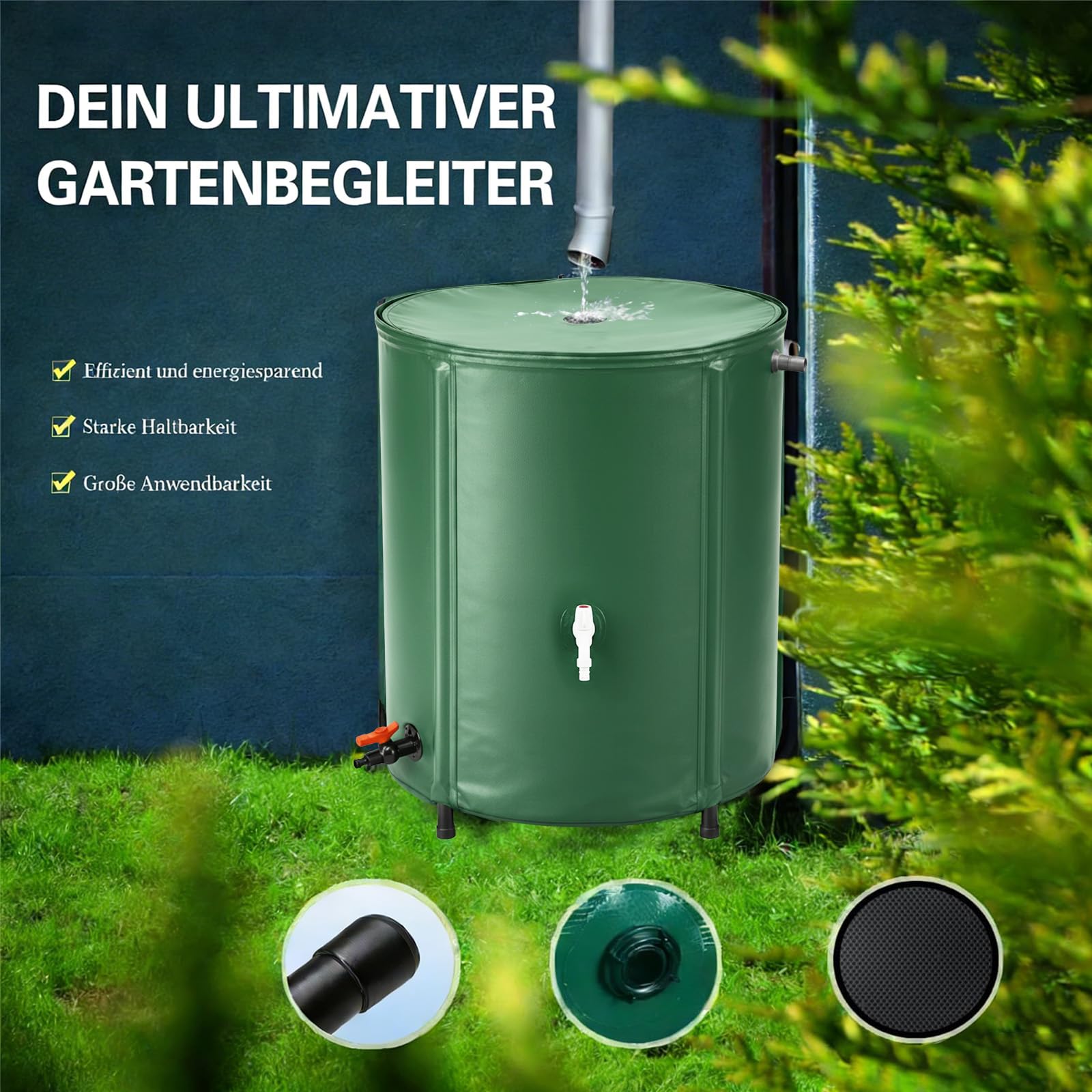 Faltbare Regentonne 250L Regenwassertank aus PVC Gartenwassertank mit Deckel, Wasserhahn, Überlaufventil Regenwassertonne Regensammler platzsparender Regenfass für Garten, Terrasse und Balkon