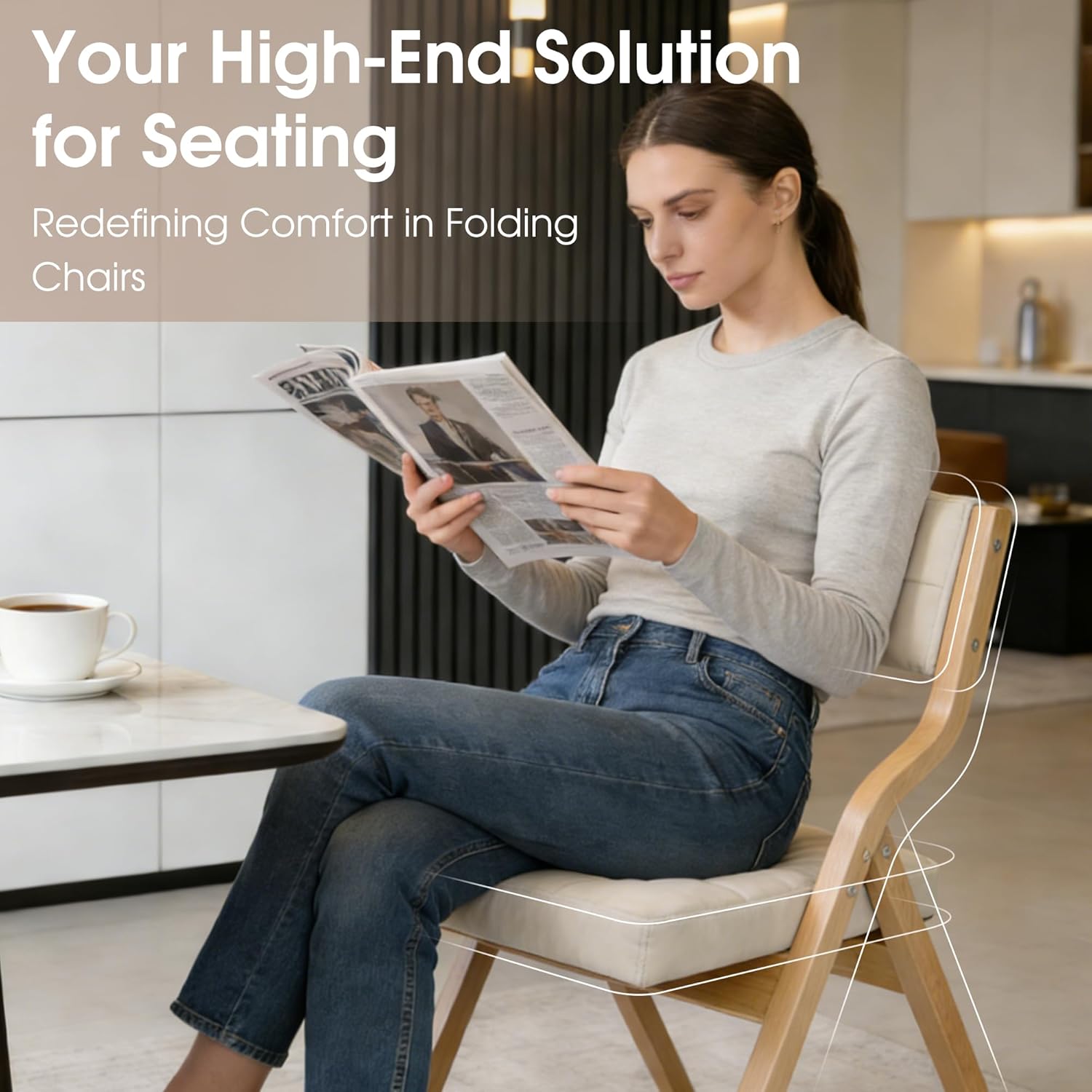 Padded Folding Chair,Folding Chair with Cushion 2 Pack,Wooden Folding Chairs and Comfortable Chairs Seat for Indoor, Kitchen, Office, Wedding Party and Dining Khaki