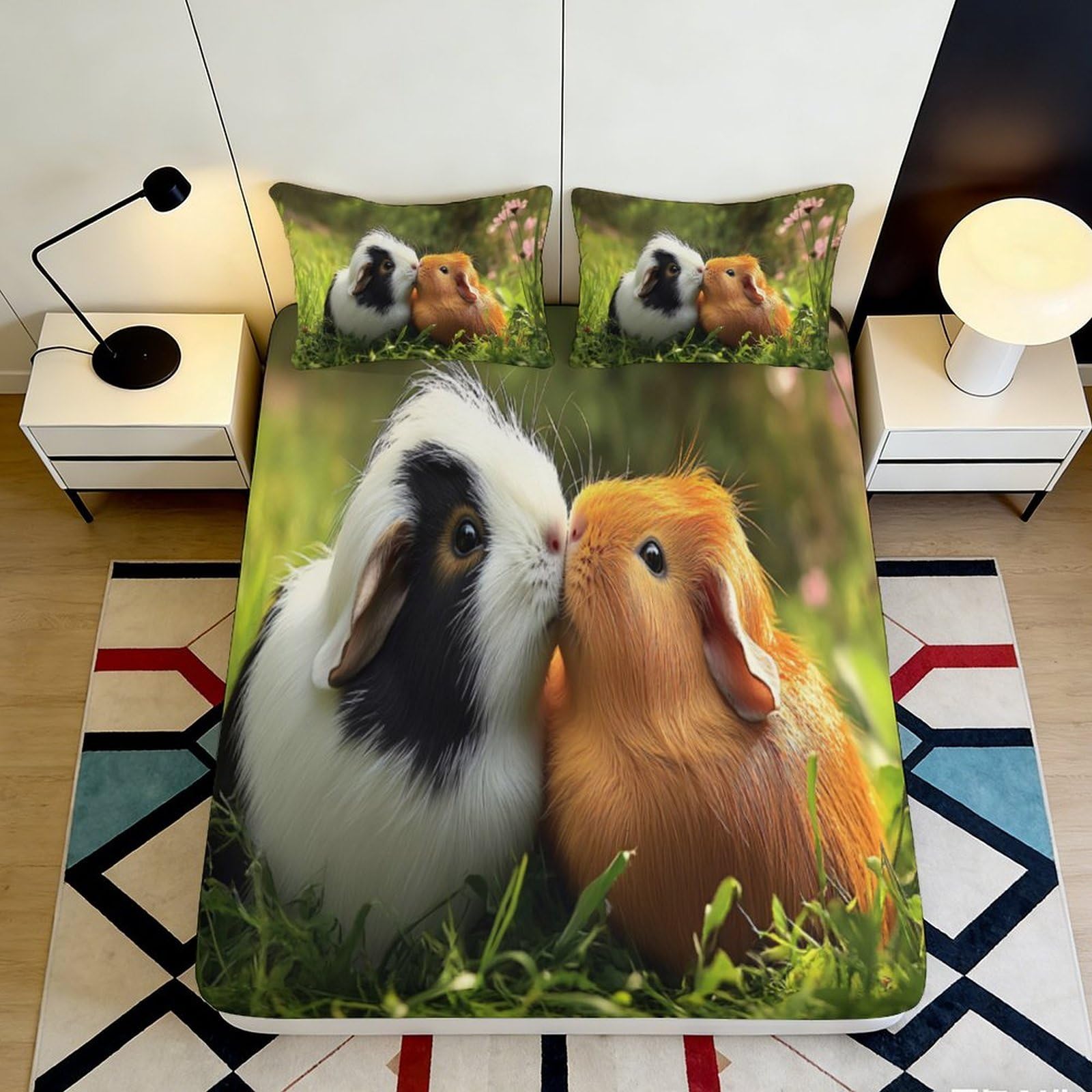 3D Printed Guinea Pig Pattern Fitted Sheet Microfiber Deep Pocket Bedroom Bedding Guinea Pig Mattress Fitted Cover Non-Slip Washable 200x200x25cm 90x200x25cm