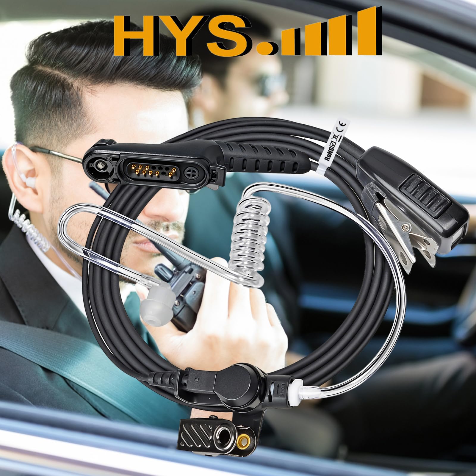 HYS Auricolari compatibili con Motorola R7, R7a, MXP600, APX, N30, N50, ION ecc. Tubo di commutazione trasparente, con microfono, cavo nero (KH07A0-R7+B05+M)