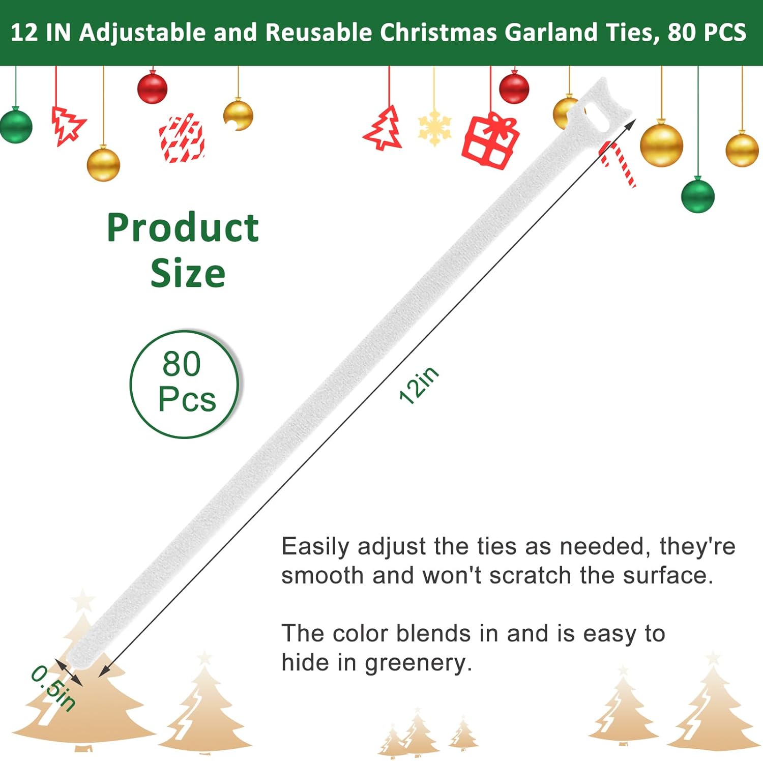 80Pcs Christmas Garland Ties White Hook and Loop Plant Cable Ties Adjustable Holiday Garland Ties Nylon Garden Plant Cable Strap for Wreath Garland Making Xmas Tree Door Banister Stairway Decoration
