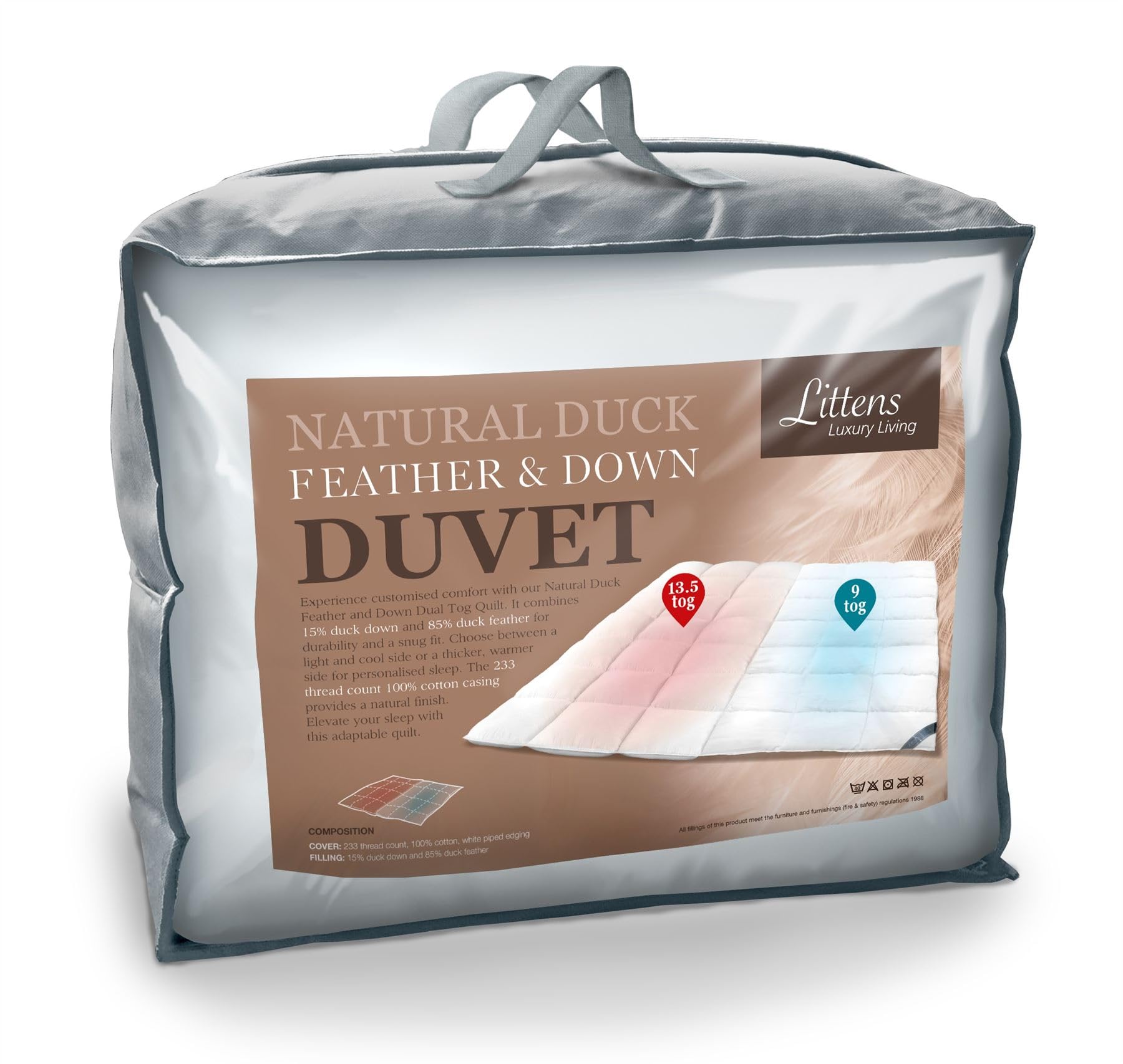 Littens Dual Zone 9 & 13.5 Tog Double Bed Size Duck Feather Down Duvet Quilt, 15% Down, 230TC 100% Down-Proof Cotton, Energy Efficient, Warm & Cool 200cm x 200cm