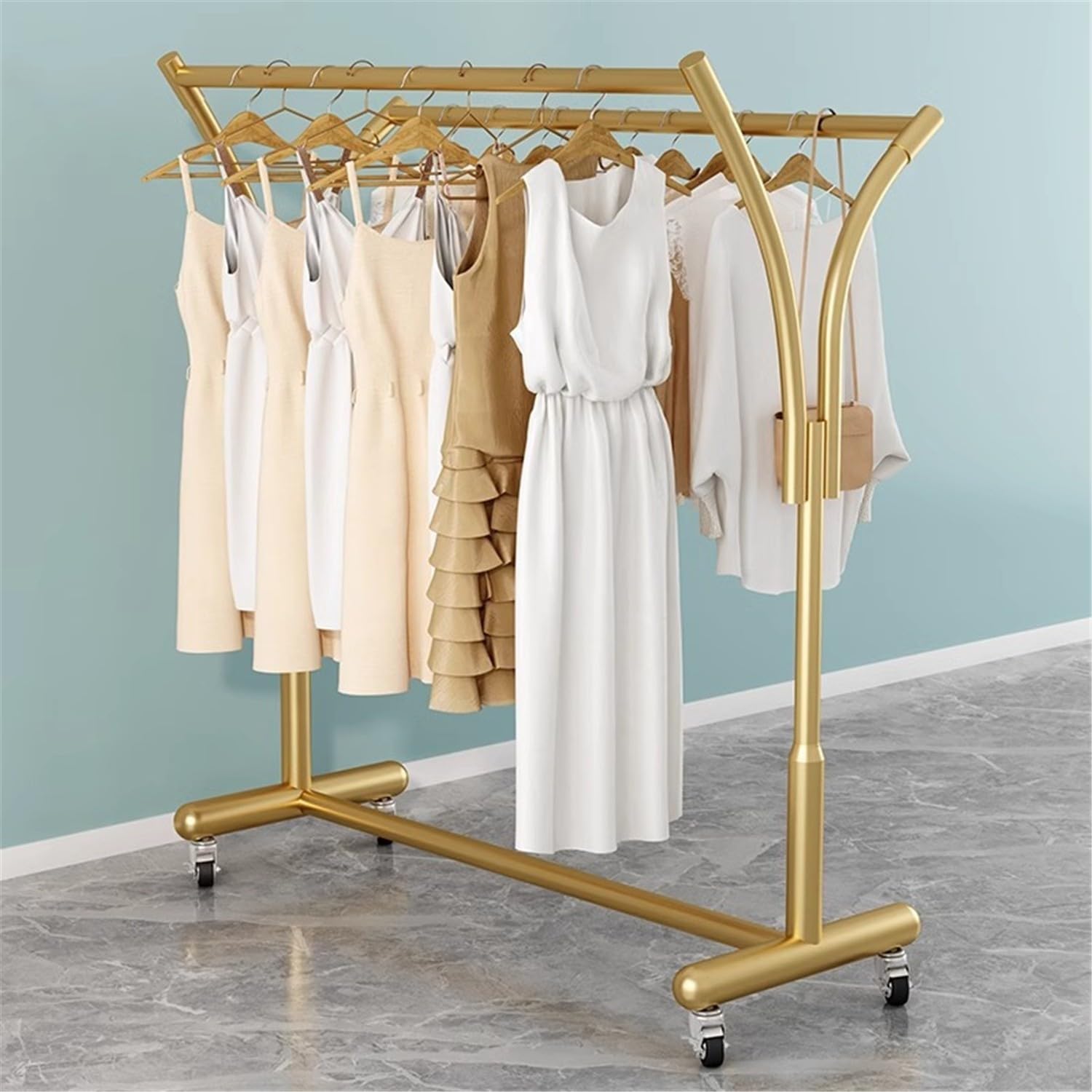 Meyebp Gold Double Rod Garment Rack With Lockable Wheels, Heavy Duty Curved Metal Freestanding Clothes Rack, Rolling Clothing Display Organizer For Bedroom Closet Boutique Retail Store