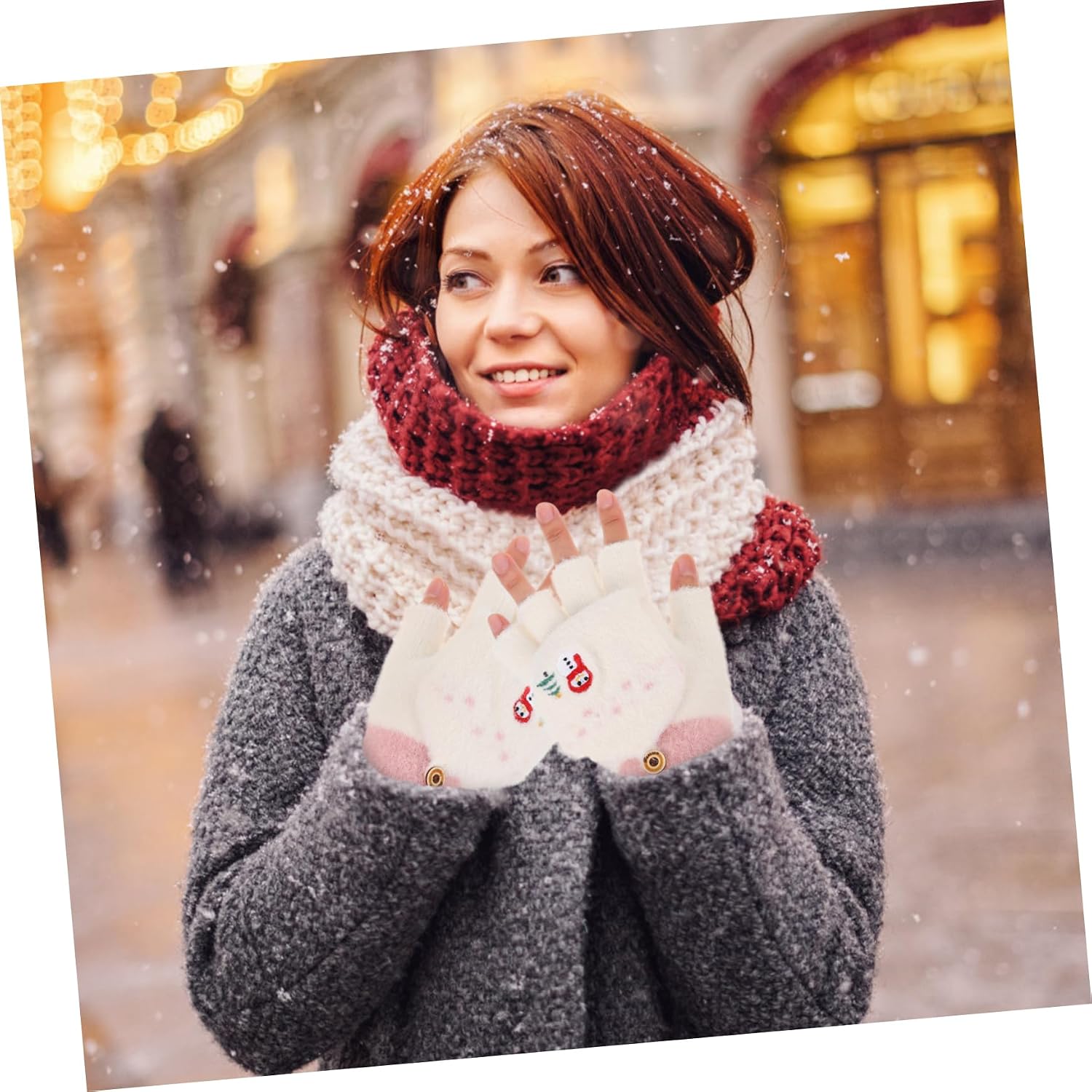 OUNONA Knitted Winter Gloves for Kids Warm Touchscreen Half-Finger Mittens Embroidery White Color for Outdoor Activities