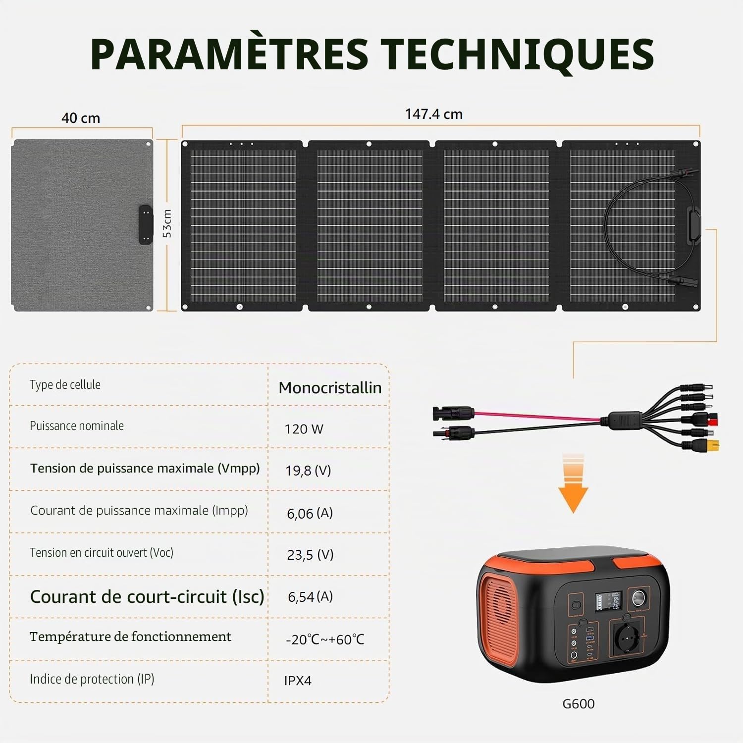 SinKeu Panneau solaire pliable de 120 W, chargeur solaire portable avec sac de transport, étanche avec sorties MC4/Anderson/XT60/DC, idéal pour les stations d'alimentation, les générateurs, le camping