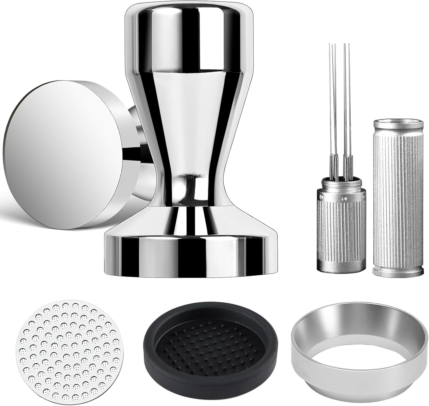 58mm Espresso Accessories Kit, 316 stainless steel Espresso Tamper, WDT Tool, Puck Screen and Dosing Funnel Set Fits Delonghi 58 mm Espresso Coffee Machines and Portafilter, Barista Tools