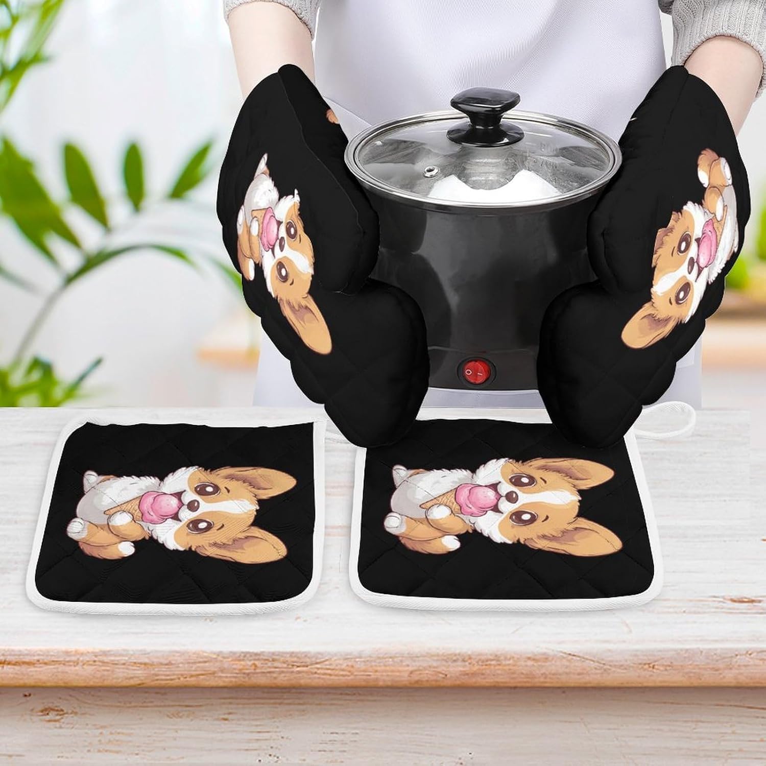 Corgi Puppy Eating Ice-Cream Oven Mitts and Pot Holders 4Pcs Set Heat Resistant Cooking Mitts Hot Pads