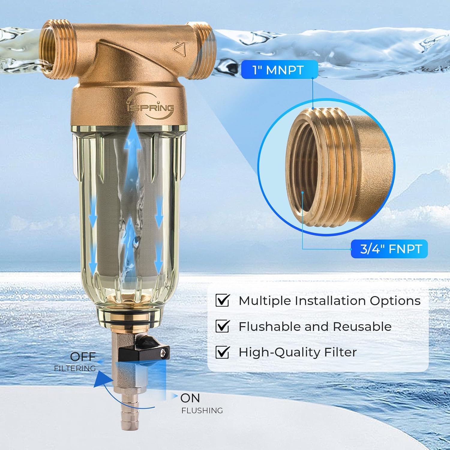 iSpring WSP-1000 Filtro de agua de sedimentos reutilizable para toda la casa, 1000 micras, filtración de prefiltro desechable, 20 GPM, MNPT de 1 pulgada + 3/4 pulgadas FNPT, latón