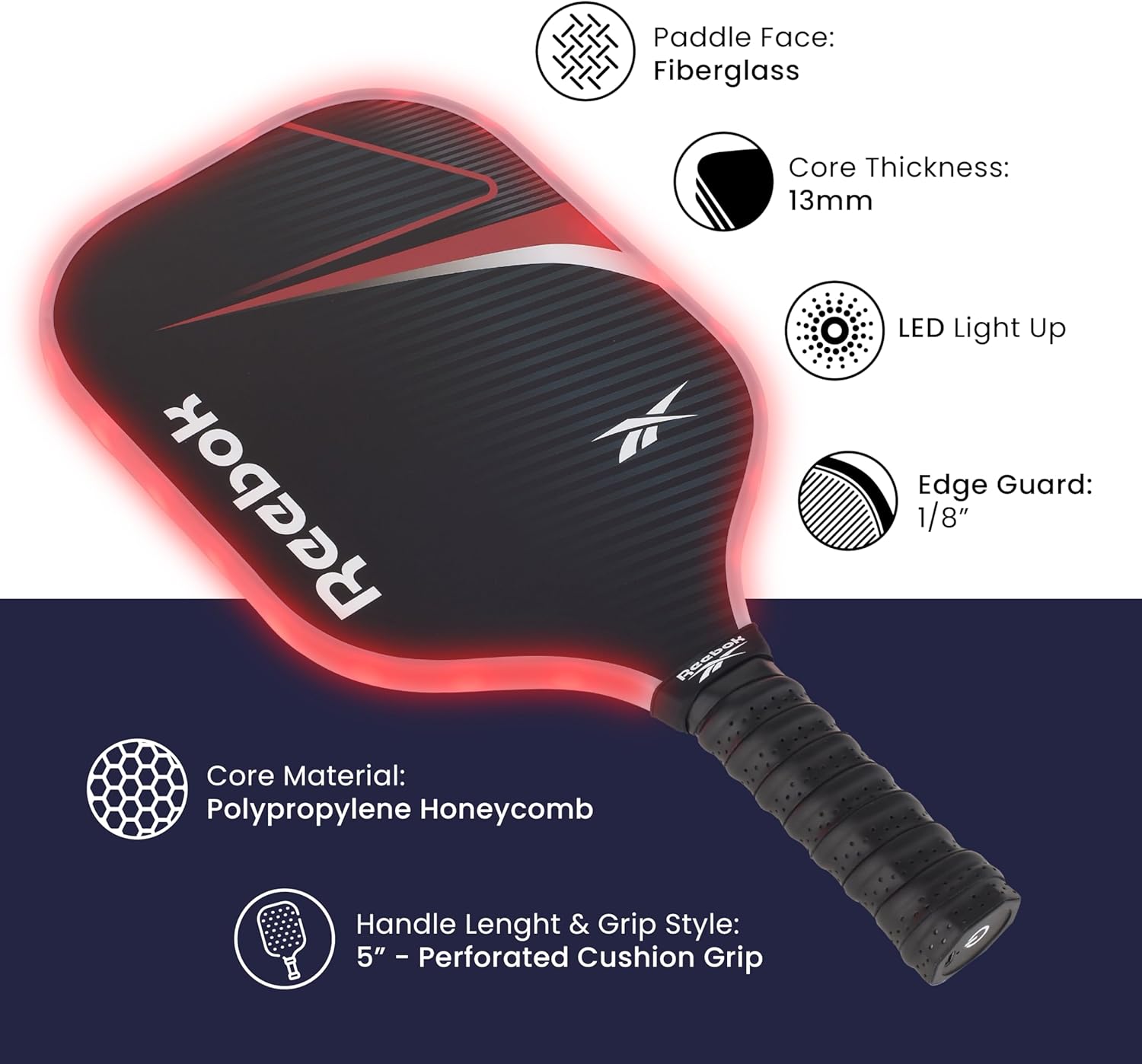 Reebok - LED Pickleball Set for 2 Players, Includes 2 Fiberglass Paddles with 5" Cushion Grip and 2 Light-Up Balls, Perfect for Night Play, Durable, Engineered for Sports Enthusiasts
