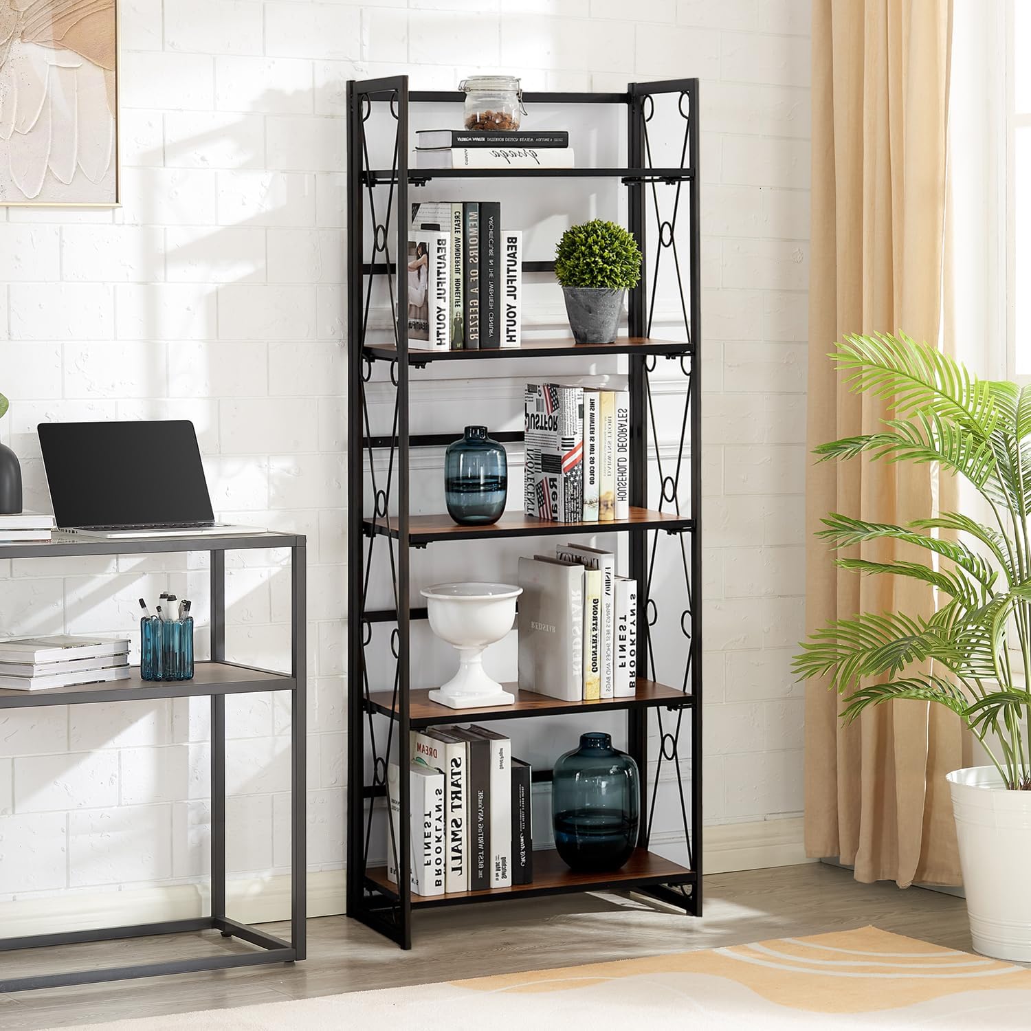 VECELO Folding Bookshelf 5-Tier,Industrial Metal Frame & Wood Shelves,Foldable Bookcase No Assembly Free Standing Storage Organizer for Living Room,Office,Bedroom