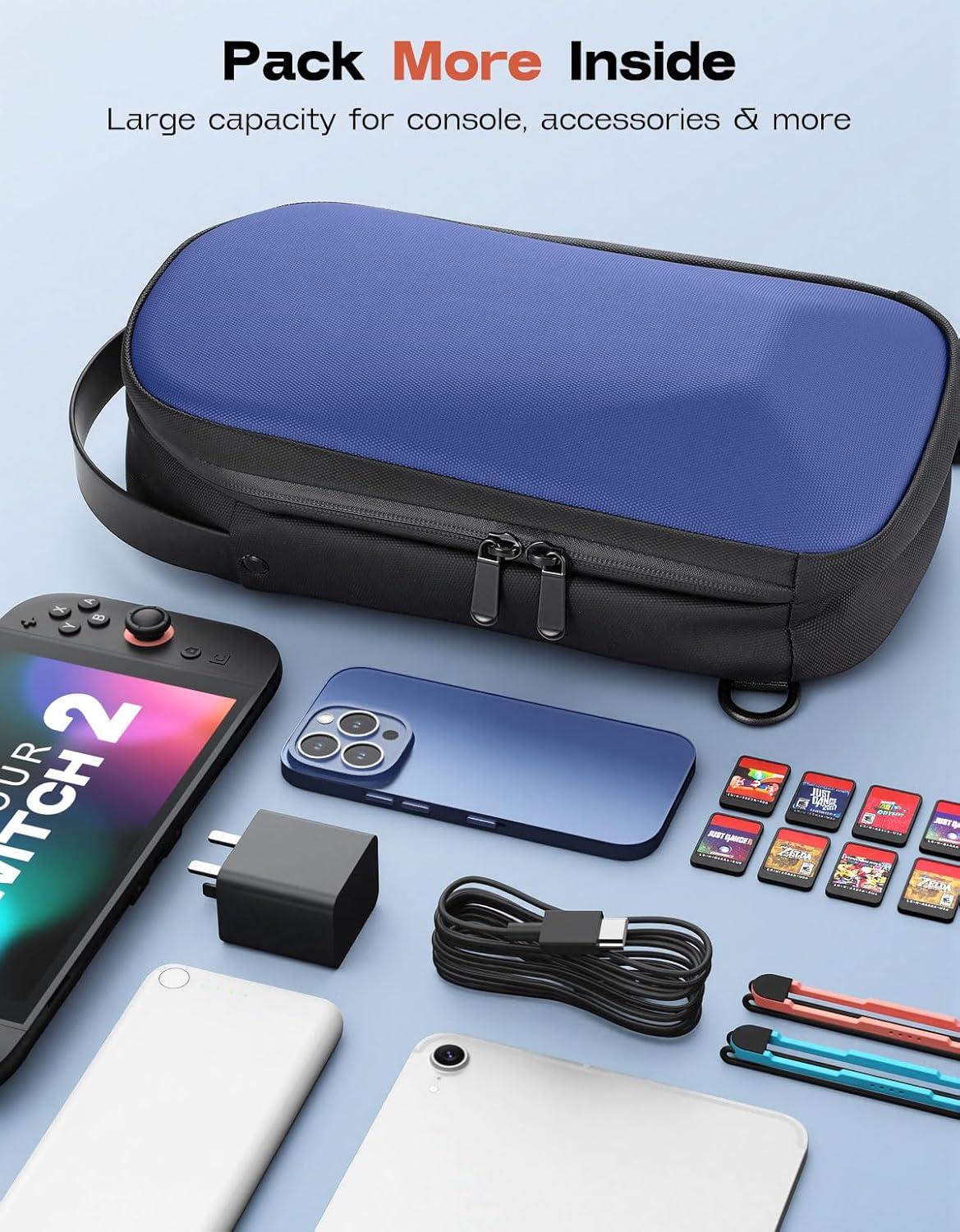 MoKo Sling Crossbody Bag for Nintendo Switch 2/Steam Deck/ROG Xbox Ally X/Legion Go, Hard EVA Backpack Travel Carrying Case w/Thickened Lining, 8 Game Slots for Switch 2 Console & Accessories, Blue - Image 2