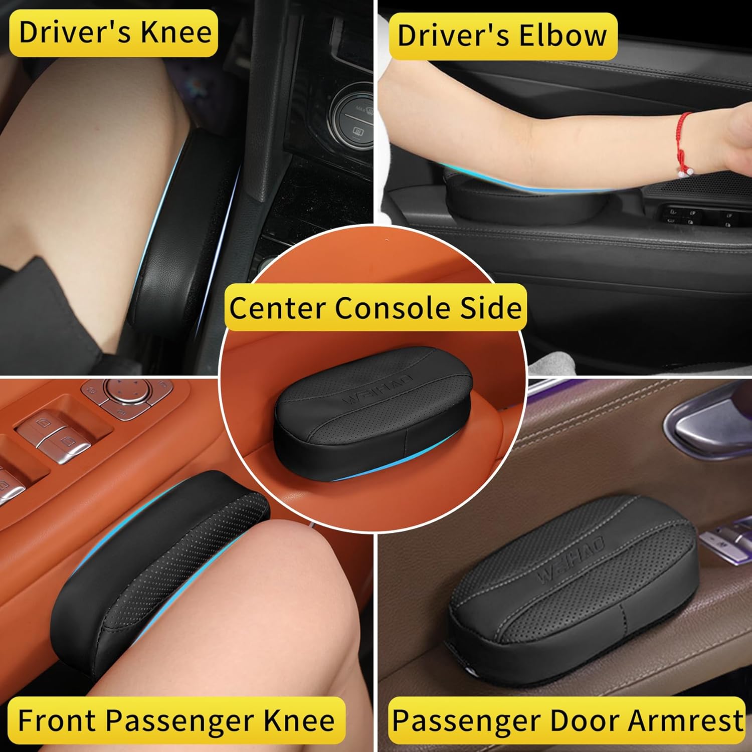2PCS Car Knee Cushion Pad, Car Door Knee Pad Rest Cushion, Center Console Car Knee Pad Protector, Memory Foam Compact Knee Support with Hook & Loop, Nappa Leather Car Knee Support Cushion (Black)