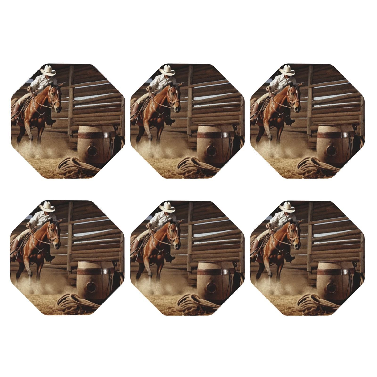 6pcs Leather Coasters for Drinks, American West Rodeo Drink Coasters for Tabletop Protection, 4" Cup Coasters for Coffee Table Decor, Non-Slip Drinking Cup Mat for Hot Or Cold Drink