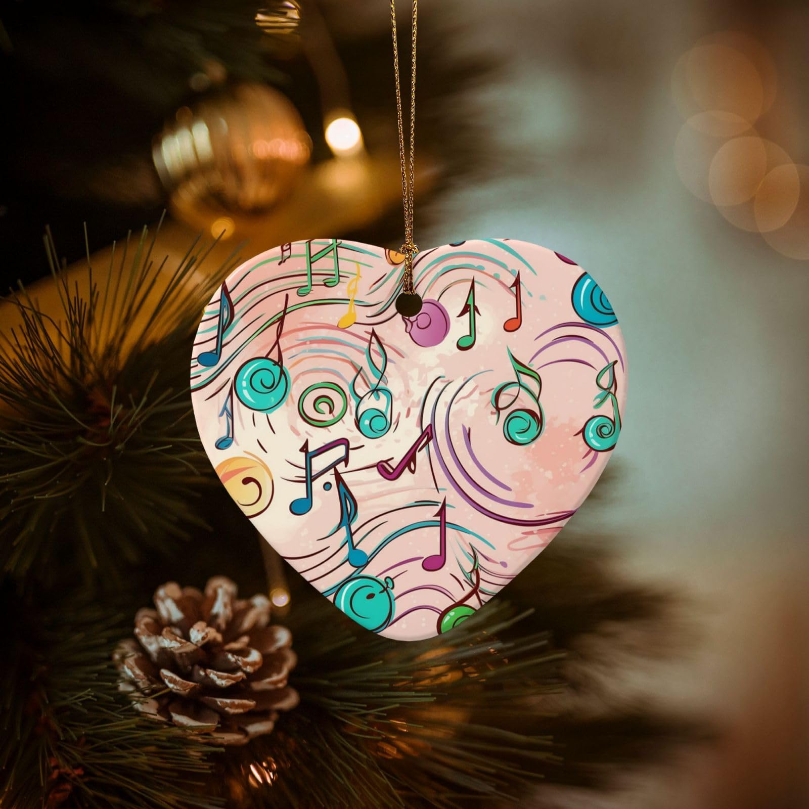 Christmas Tree Ornaments Ceramics Christmas Decorations Cartoon Musical Notes Ornaments with Gold Ribbon Porcelain Xmas Tree Crafts Heart Shape Hanging Pendant for Christmas Tree Party Decor