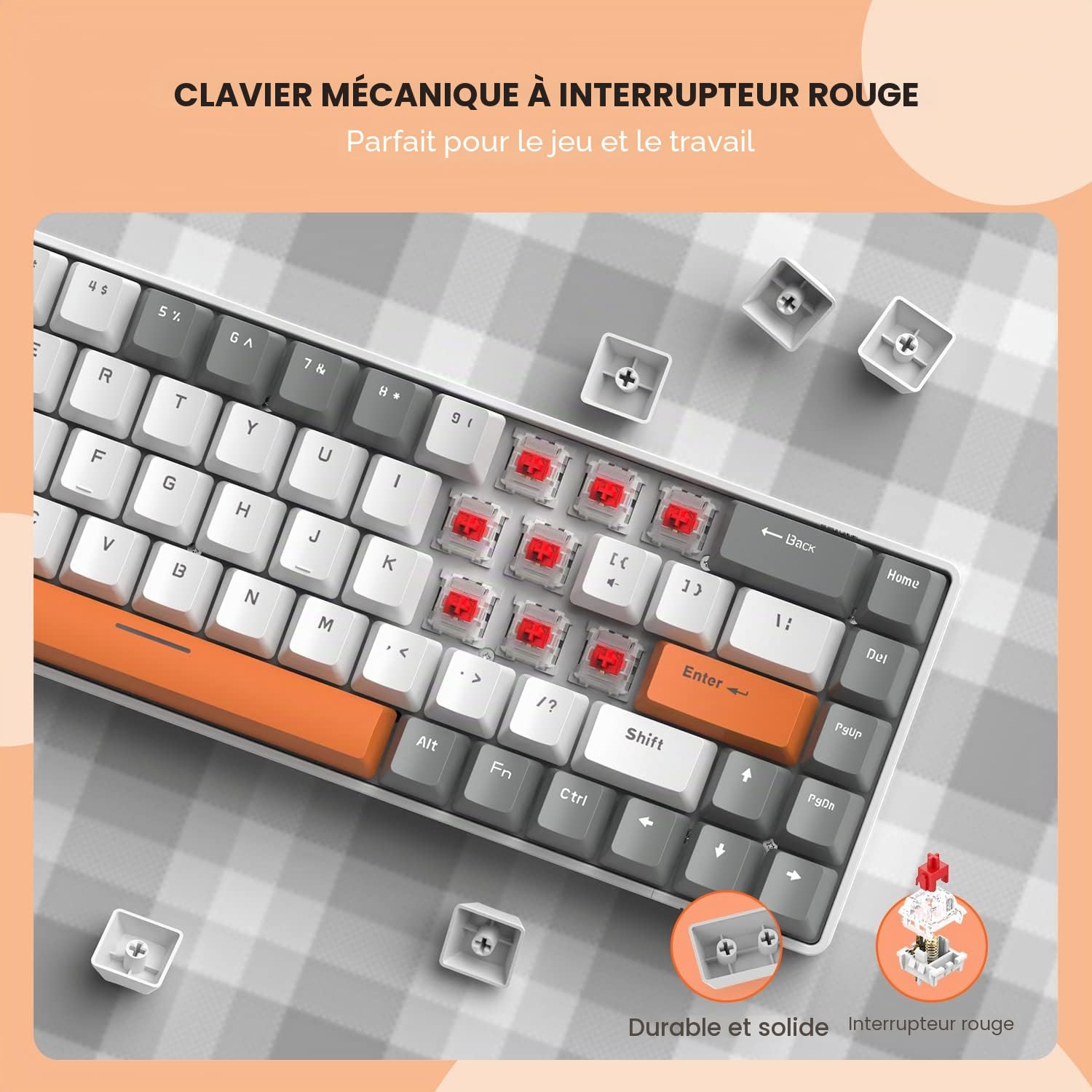 YINDIAO T8 Combos Clavier et Souris de Jeu 60% RVB + Câble USB C Spiralé,Clavier Mécanique Filaire,Disposition Compacte 68 Touches TKL,Souris en Nid d'abeille,Jusqu'à 6400 DPI,pour PC PS5,Gris Clair