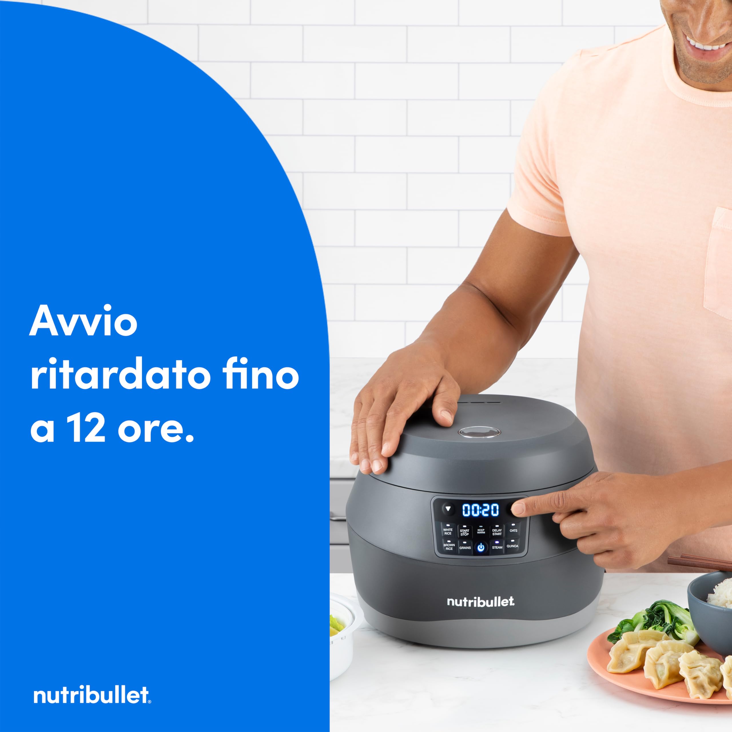 nutribullet EveryGrain Cooker - Cuociriso Multifunzione, Vaporiera Riso e Cereali, 10 Tazze, con 5 Programmi Automatici, Funzione Mantieni Caldo 12h, con Cucchiaio e Cestello, 600W, Grigio (NBRC605DG)