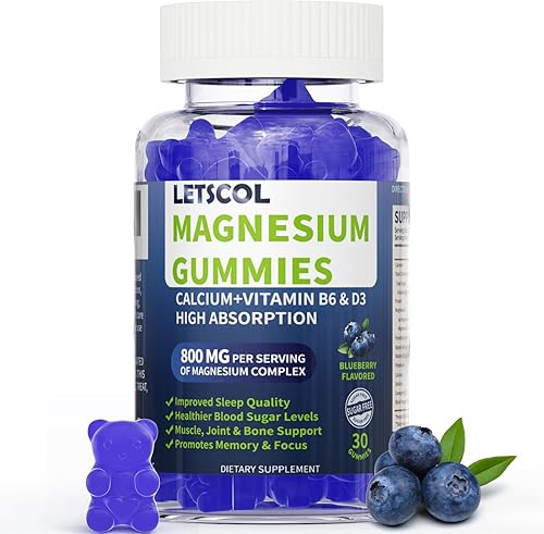 LETSCOL Gomitas de glicinato de magnesio 800 mg por porción, suplemento de magnesio sin azúcar con malato de magnesio, calcio, vitamina D3, B6,