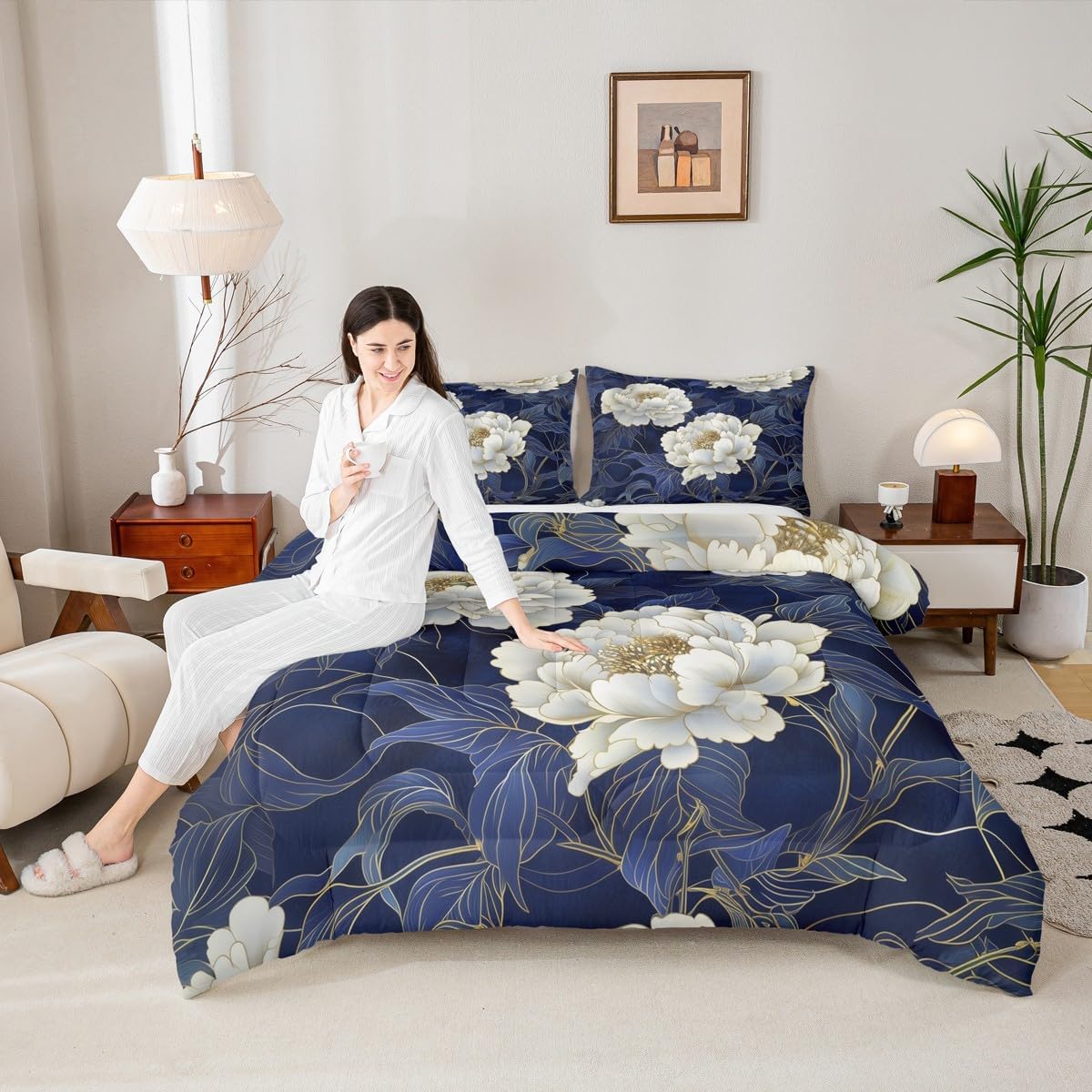 jejeloiu Navy Blue White Flower Bedding Set King Size Elegnat Floral Comforter Set for Adult Romantic Duvet Set Flower Plants Quilt Set 3Pcs - Image 2