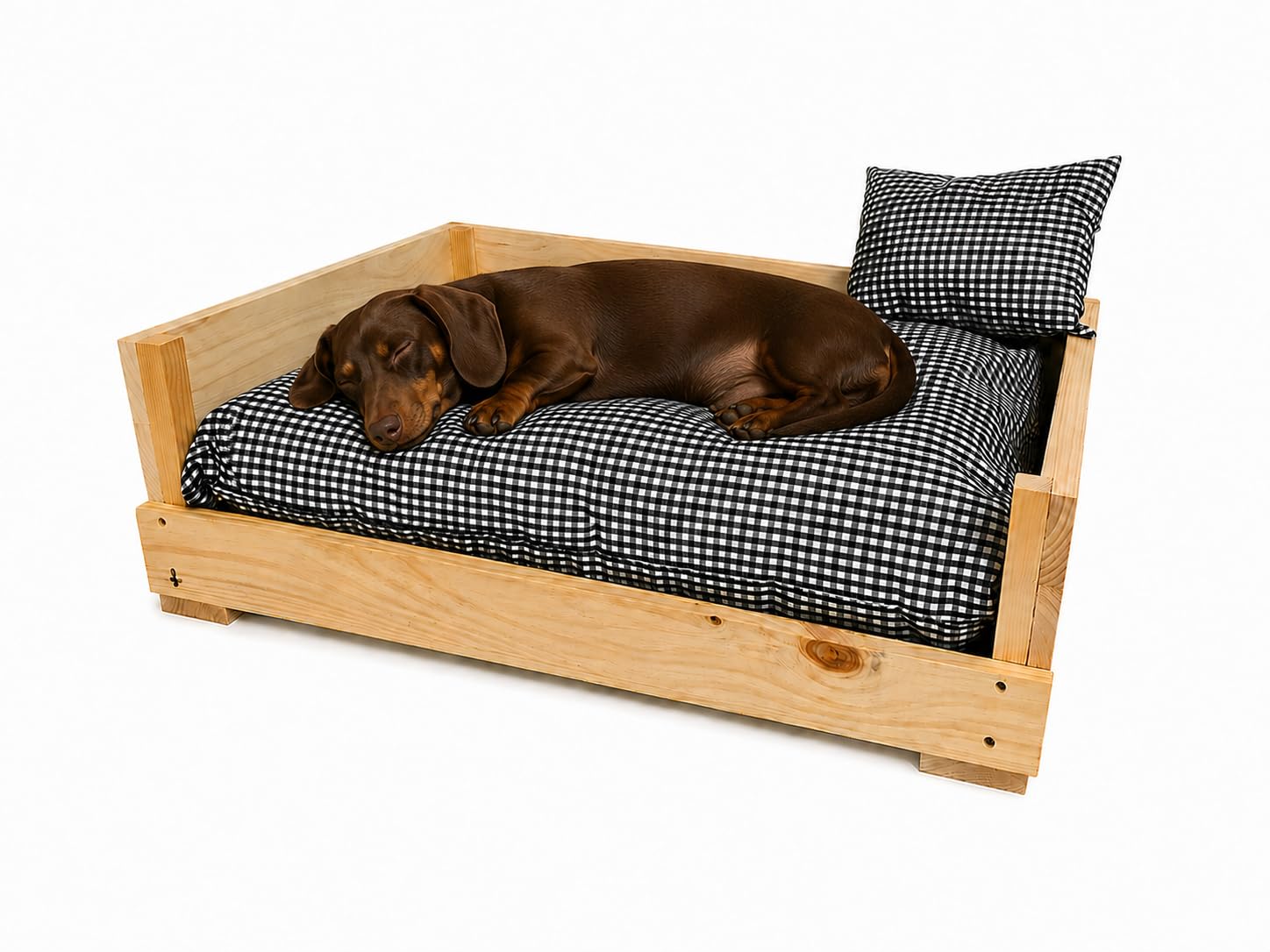 Cama para Perro de Madera Premium, Diseño Vichy Negro, Colchón Lavable y Desenfundable, Hecha a Mano en España, con Cojín de Regalo, Tallas M, L y XL