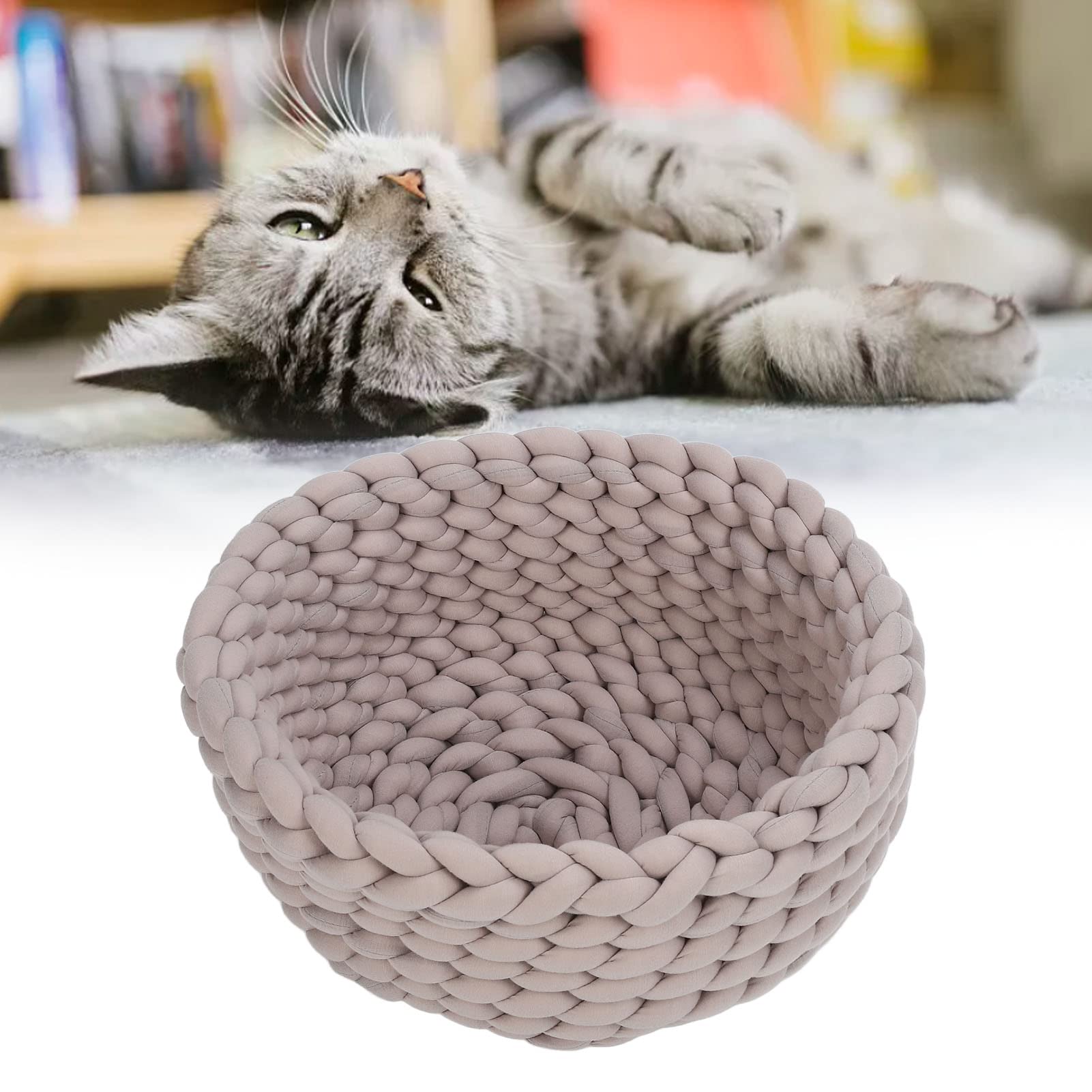 Tyenaza Handgefertigtes Gestricktes Haustierbett, Hochdichtes Hunde-Katzen-Rundpolster, Maschinenwaschbar, Katzenzubehör, Warmes, Gewebtes Katzennest, Gemütlicher Kuschelkorb Für Hunde Und Katzen