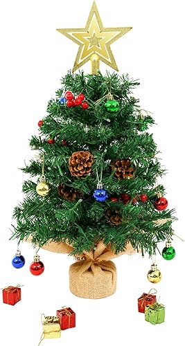 Uten Árbol de Navidad Mini Pequeño con Bolas Redondas de Navidad, Conos de PinoFrutas RojasCaja de Regalo, Estrella de Árbol, Caja de Batería