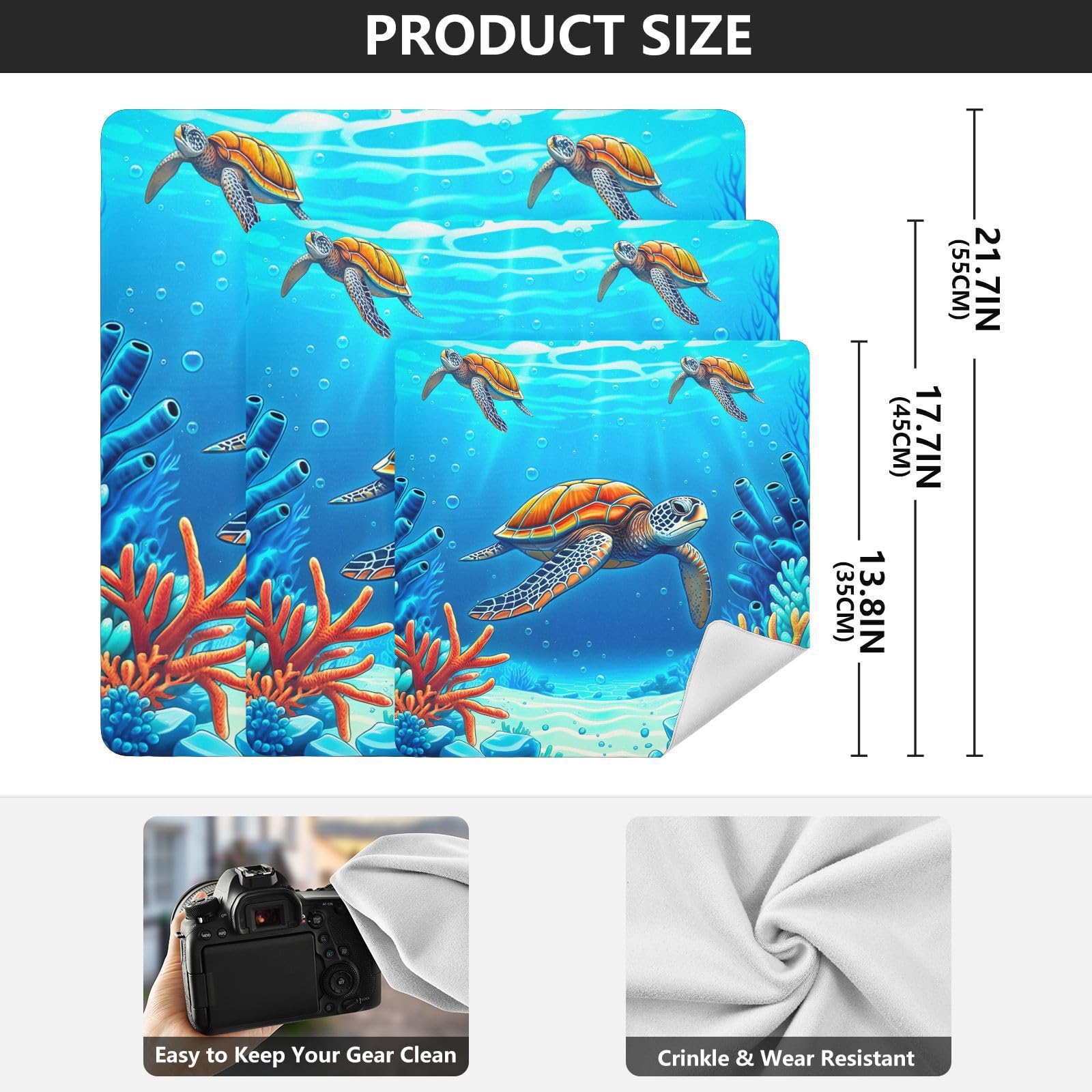 Sea Turtles Crystal Blue Self-Adhesive Cloths 13.8X13.8 Inch Makeup Wrap Cloth Bag Anti Scratch Equipment Wrap Storage Pouch