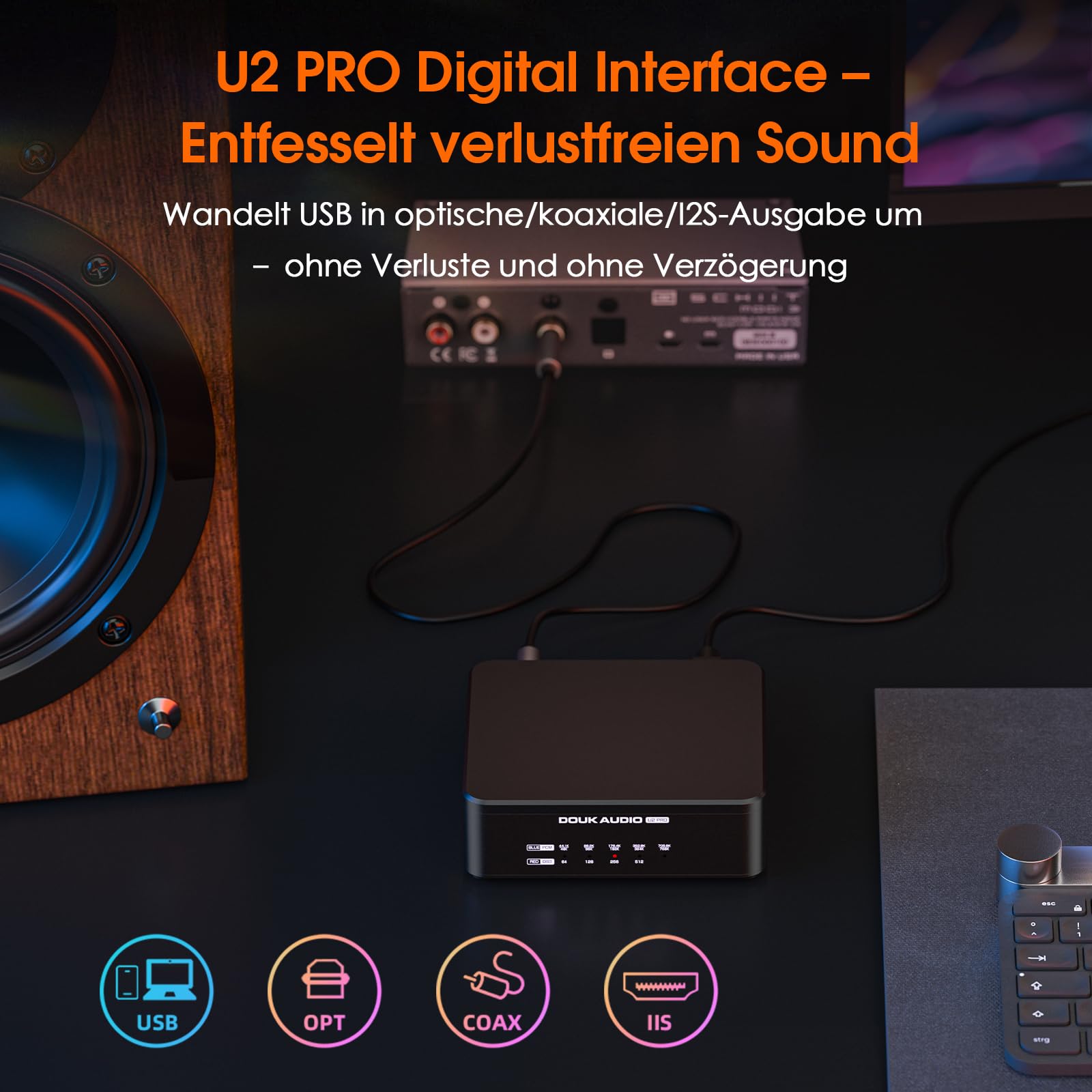 DoukAudio U2PRO USB Digital Schnittstelle:​​ XMOS XU316 DDC Reclocker Audio Konverter, Tragbarer Digital-Analog-Schnittstelle, Optischer/Koaxialer/I2S Ausgang für DAC/PS5/Switch