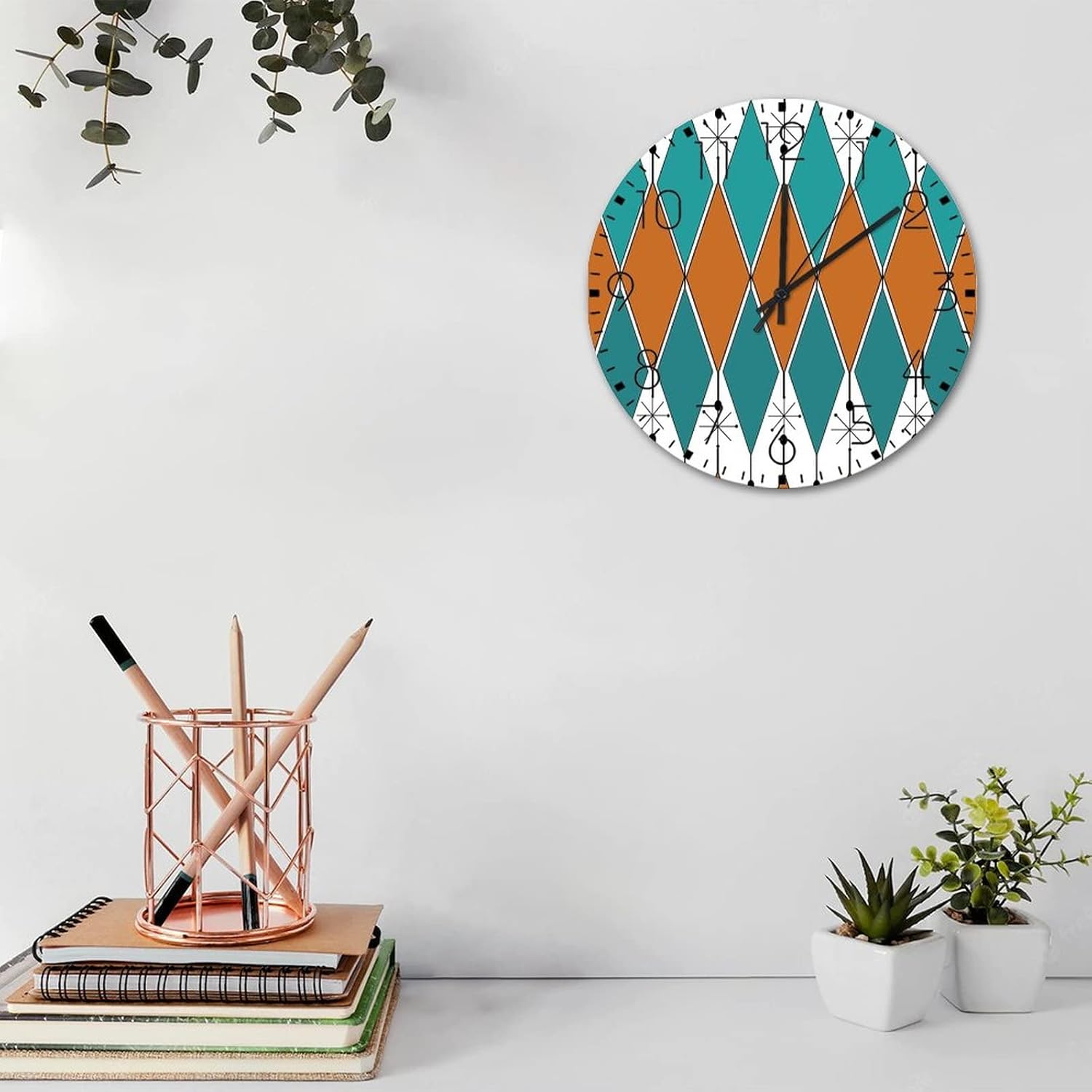 Wood Wall Clock Analog Round Non-Ticking Geometric Rhombus Colorful Retro Wall Clocks Abstract Striped Boho Fireplace Decor for Fitness Room Cafe Shop Exercise Room 10 Inch