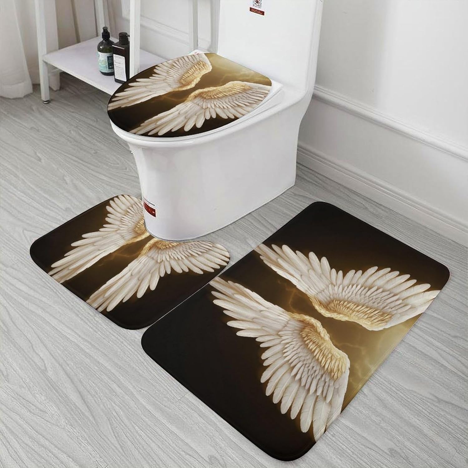 Bathroom Rug Set of 3 Angel Wing Bath Mat Decor Rug 16"x24" Non Slip Shower Mat Washable Bath Mats for Door Entrance Tub Side Toilet U Shape Mats
