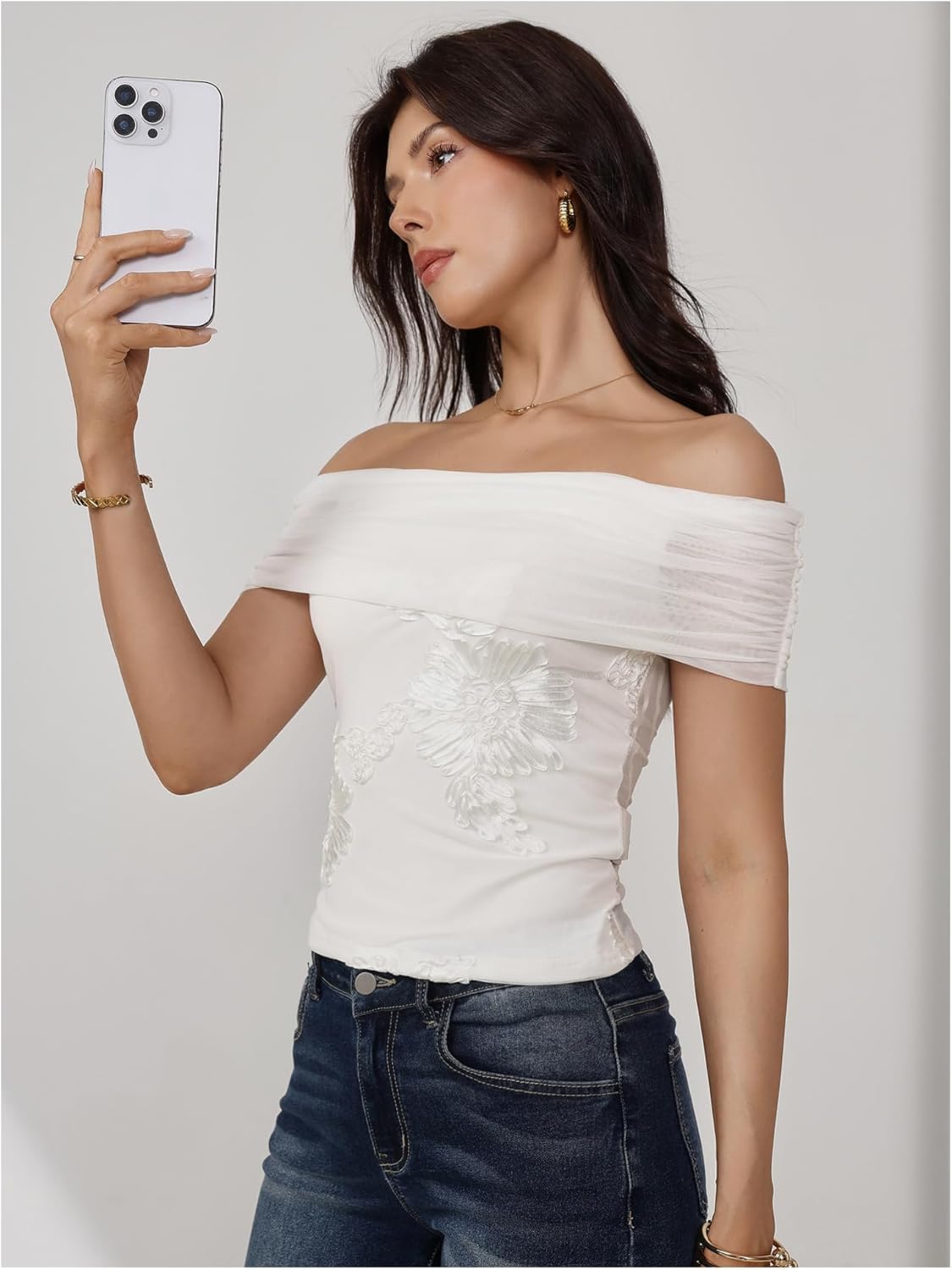 SweatyRocks Women's Off The Shoulder Mesh Blouse Floral Applique Short Sleeve Crop Tops - Image 5
