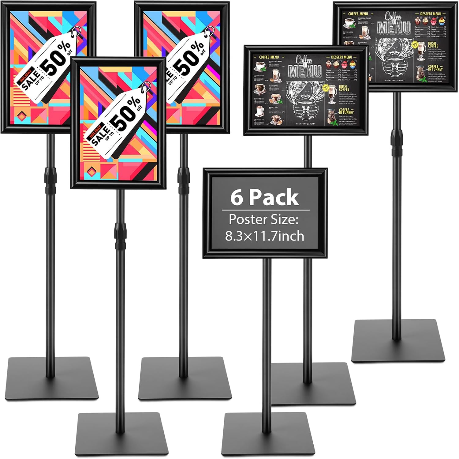 Blulu 6 Pack Adjustable Heavy Duty Pedestal Sign Holder Square Floor Stand 8.3 x 11.7'' A4 Adjustable Sign Holder Poster Black Stand with Stainless Steel Snap Open Frame, Screen Size A4 (Right Angle)