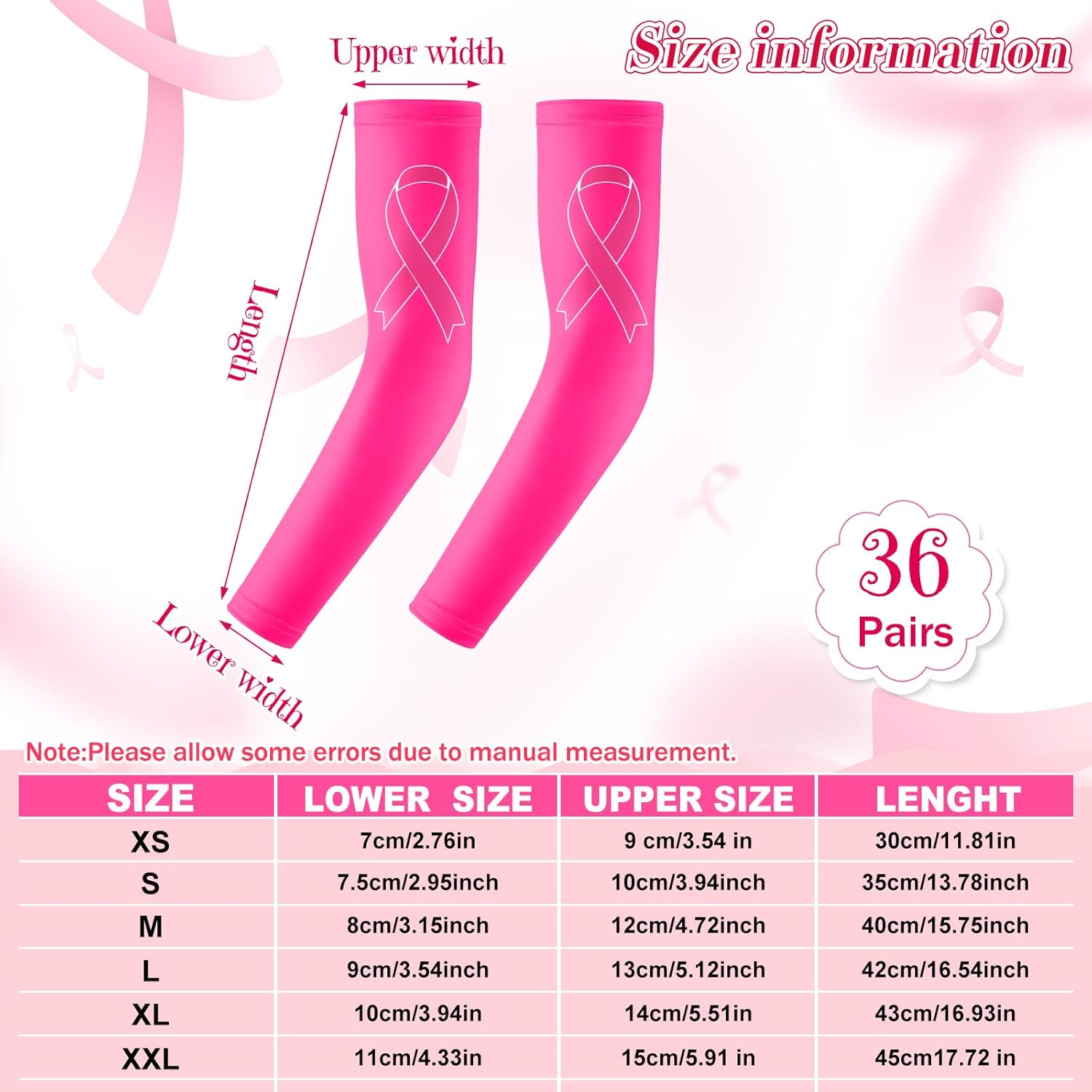Zhehao 36 Pairs Breast Cancer Awareness Sleeves with Ribbon Compression Arm Sleeves for Men Women Charity Sport