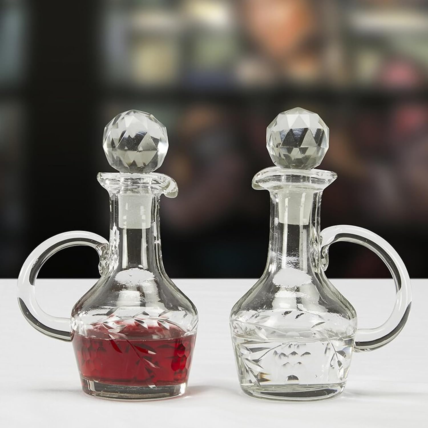 Needzo Hand Blown Glass Cruet Set, Dispenser Bottles with Stoppers, Home and Church Essentials, 6.5 Inches, 6 Ounces Each, Pack of 2