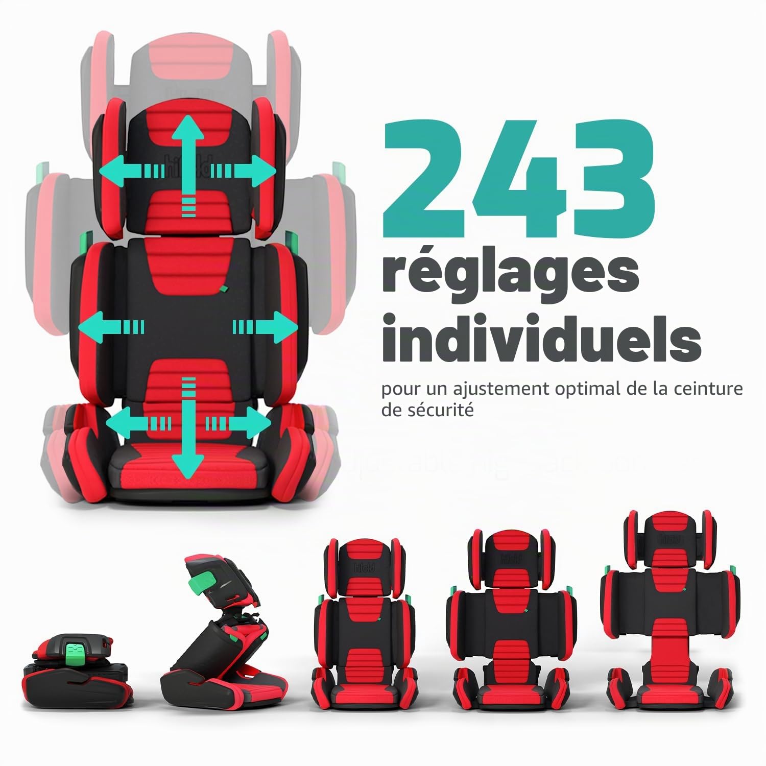 Mifold Siège auto rehausseur à dossier haut pour enfants avec sangle – Siège auto pliable réglable pour grand enfant pour voyage – Rouge course