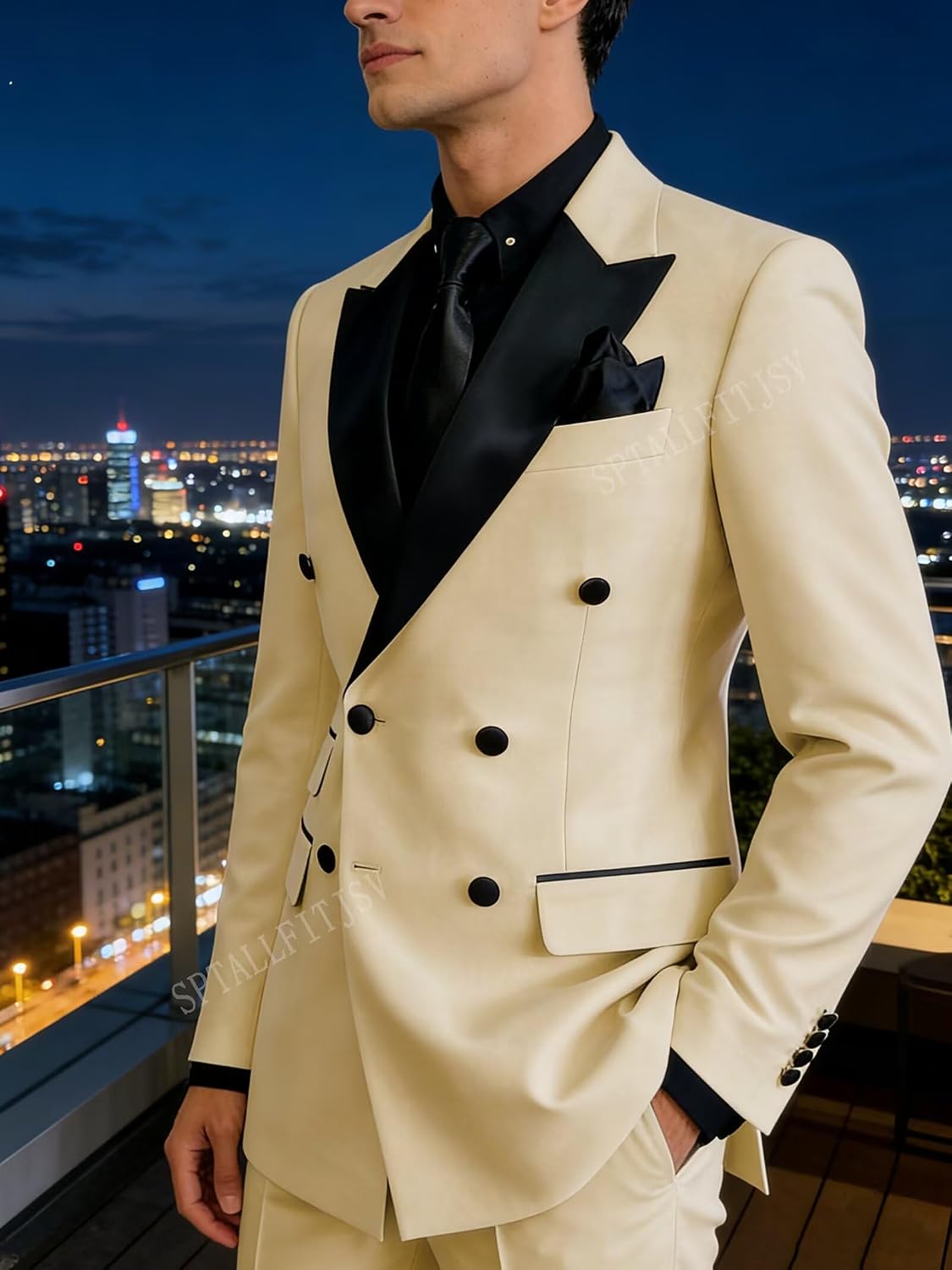 Double Breasted Suit Men Slim Fit Men's Tuxedo 2 Piece Wedding Party Suits Satin Lapel Blazer Pants Set