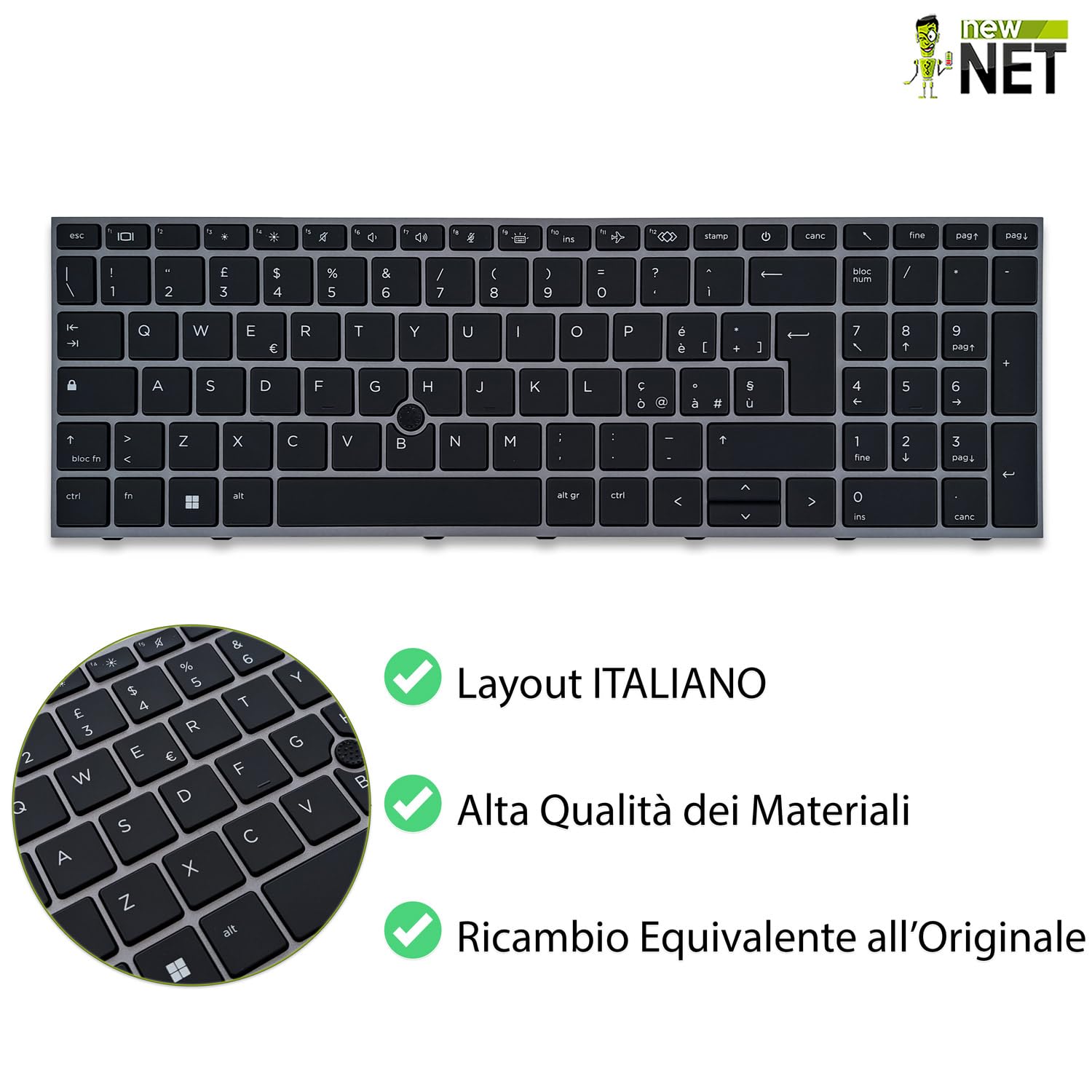 new net - Tastiera compatibile con HP Zbook Fury 15 G7, 15 G8 [Frame Grigio - Trackpoint - Retroilluminata - Layout ITA]