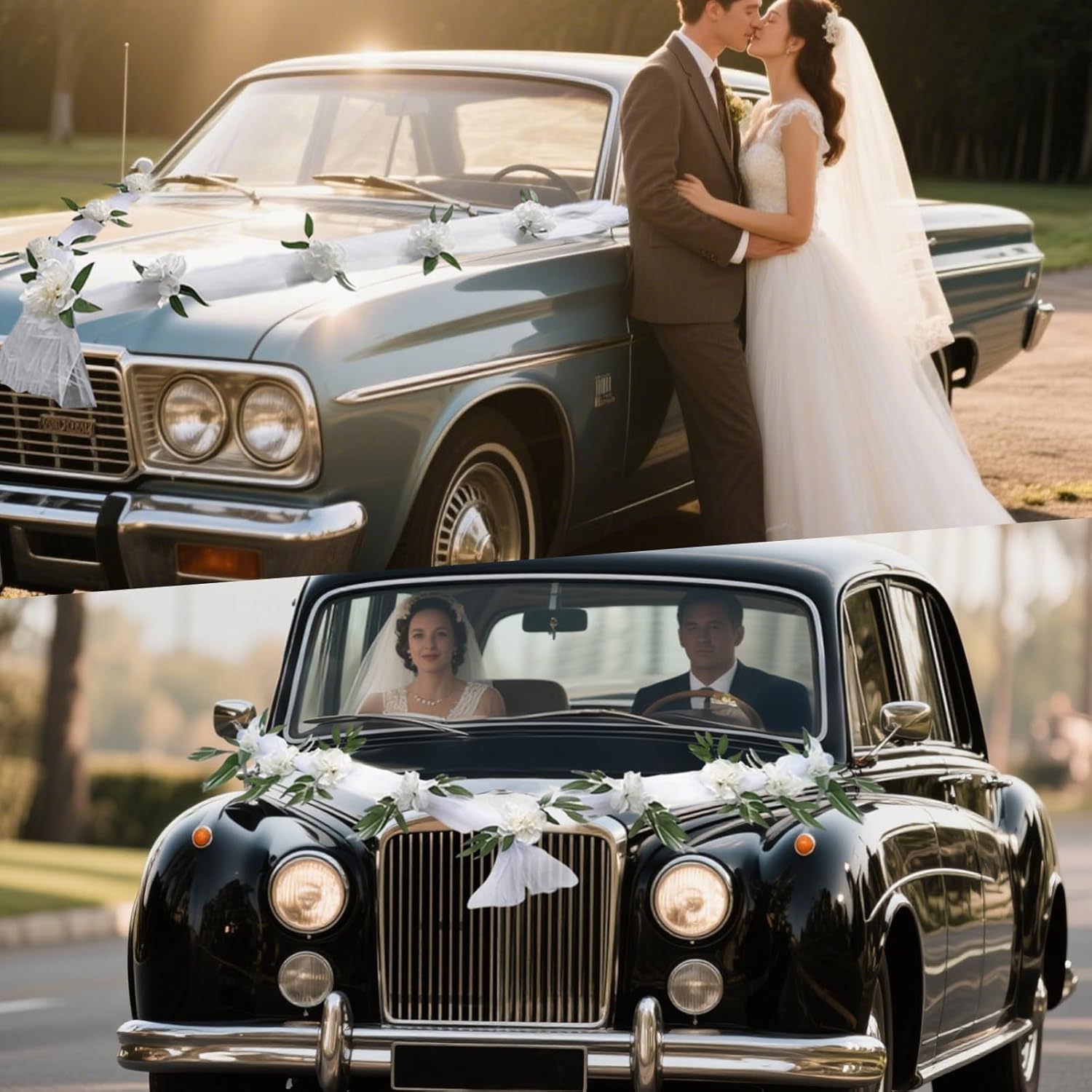 Just Married Car Decorations Kit Wedding Car Decor with Artificial White Roses Banner Flower Vine Tulle Ribbon Sign Stickers Getaway Car Accessories for Bride and Groom Send Off SUV Truck