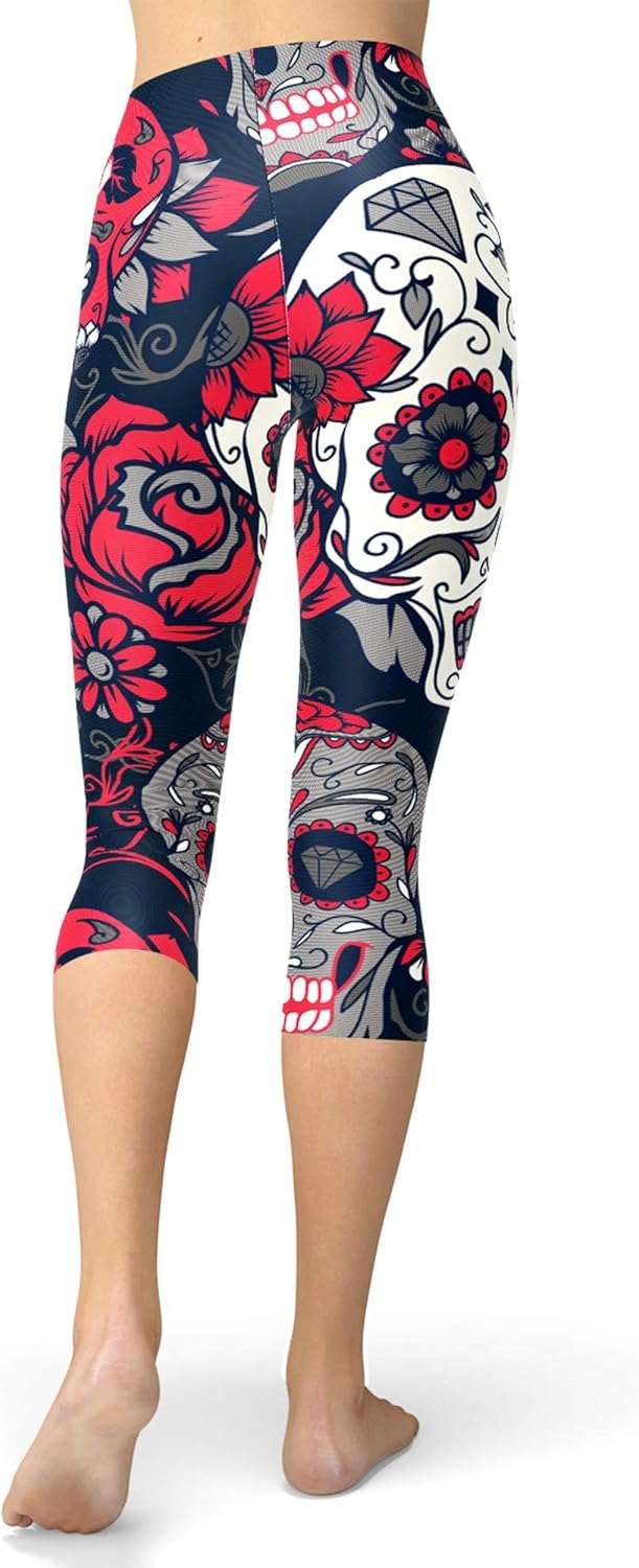 sissycos Women's Sugar Skull Leggings Buttery Soft Rose Flower Printed Halloween Stretchy Pants 28" - Image 2