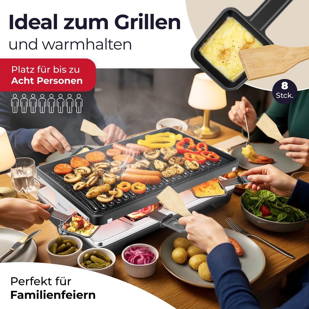 KESSER® Griglia per raclette con pietra naturale, piastra per grigliare griglia da tavolo per 8 persone, griglia elettrica per raclette con piastra antiaderente, 8 pentole e spatola, Nero