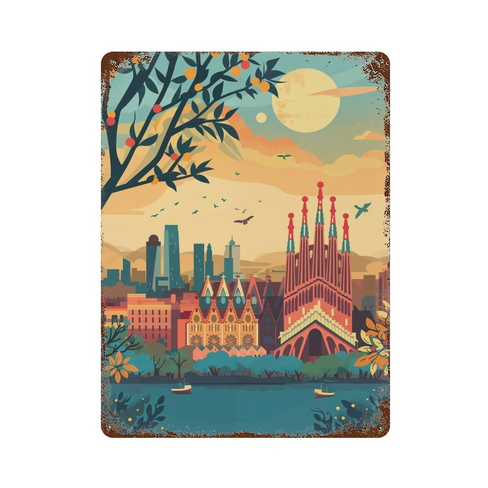 Retro Metal Sign with Barcelona Skyline Design 15.7"x11.8", for Office, Studio And Wall Decor, Retro Wall Decor
