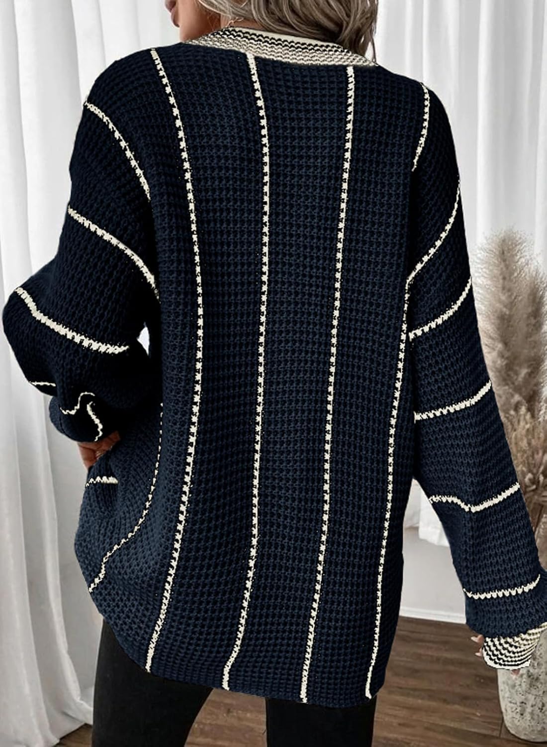 Dokotoo Womens Oversized Striped Tunic Sweaters Casual V Neck Long Sleeve Color Block Knit Pullover Jumper Tops - Image 4