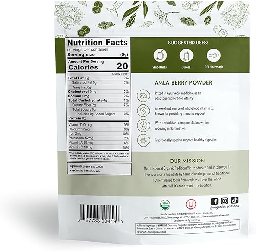 Miniatura 5 de Organic Traditions Polvo de Bayas de Amla Orgánico, Amla en Polvo Grosella India Orgánica, Superalimento Orgánico en Polvo Sin Transgénicos, Bolsa