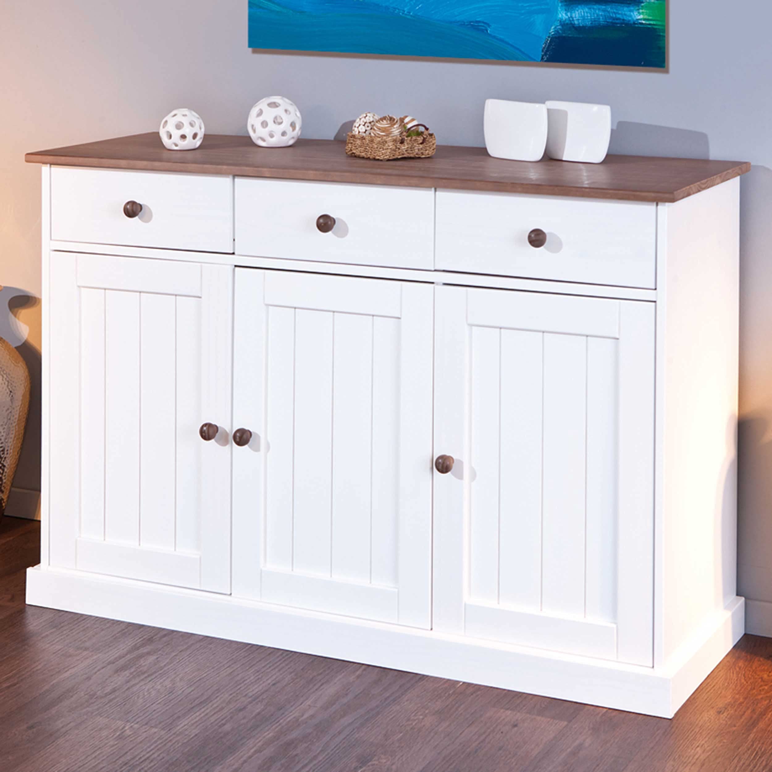 Inter Link – Kommode – Buffet – Sideboard – Kiefer massivholz – 3 Türen – 3 Schubladen – Landhausstil – Für Esszimmer – Wohnzimmer – Eingang – Westerland 4.2 - Weiß / Sepia Braun